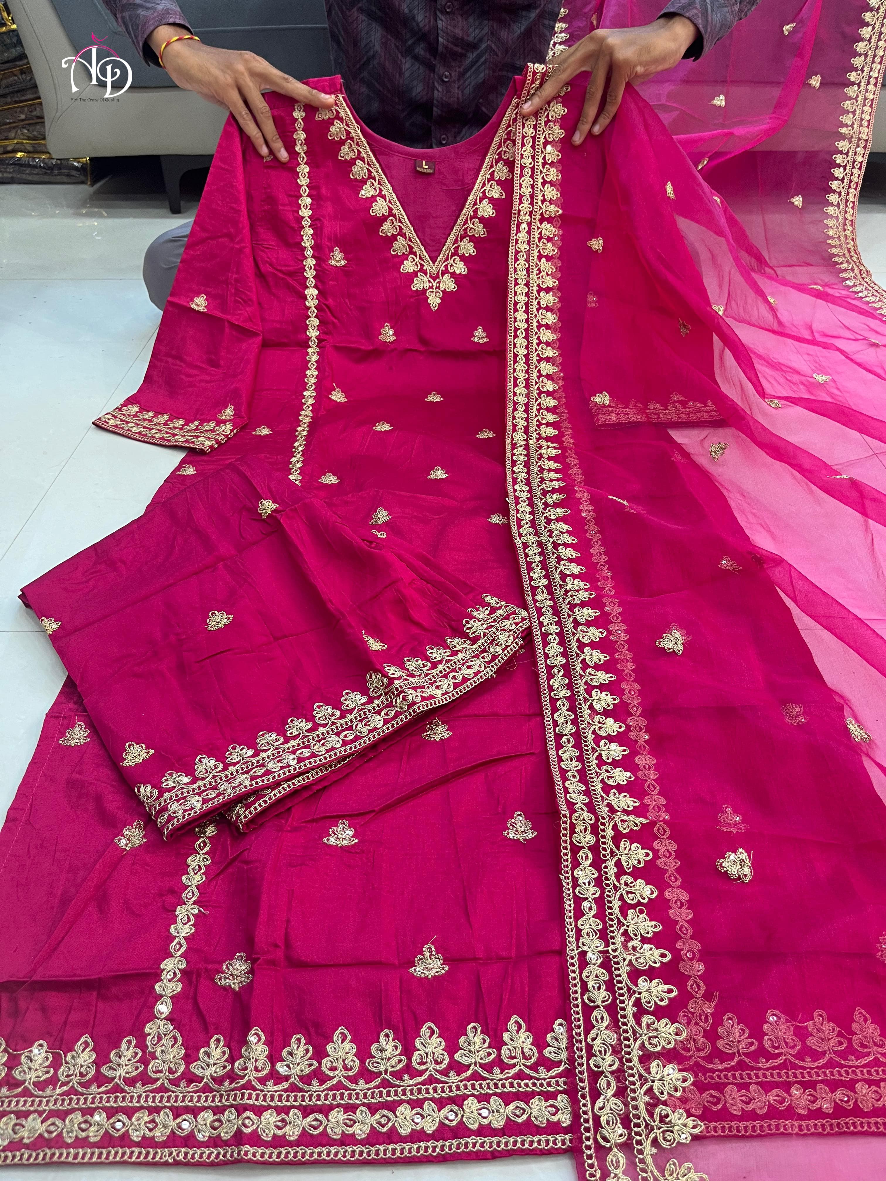 Ruhaniya Pink Chanderi Silk Embroidered Palazzo Suit Set