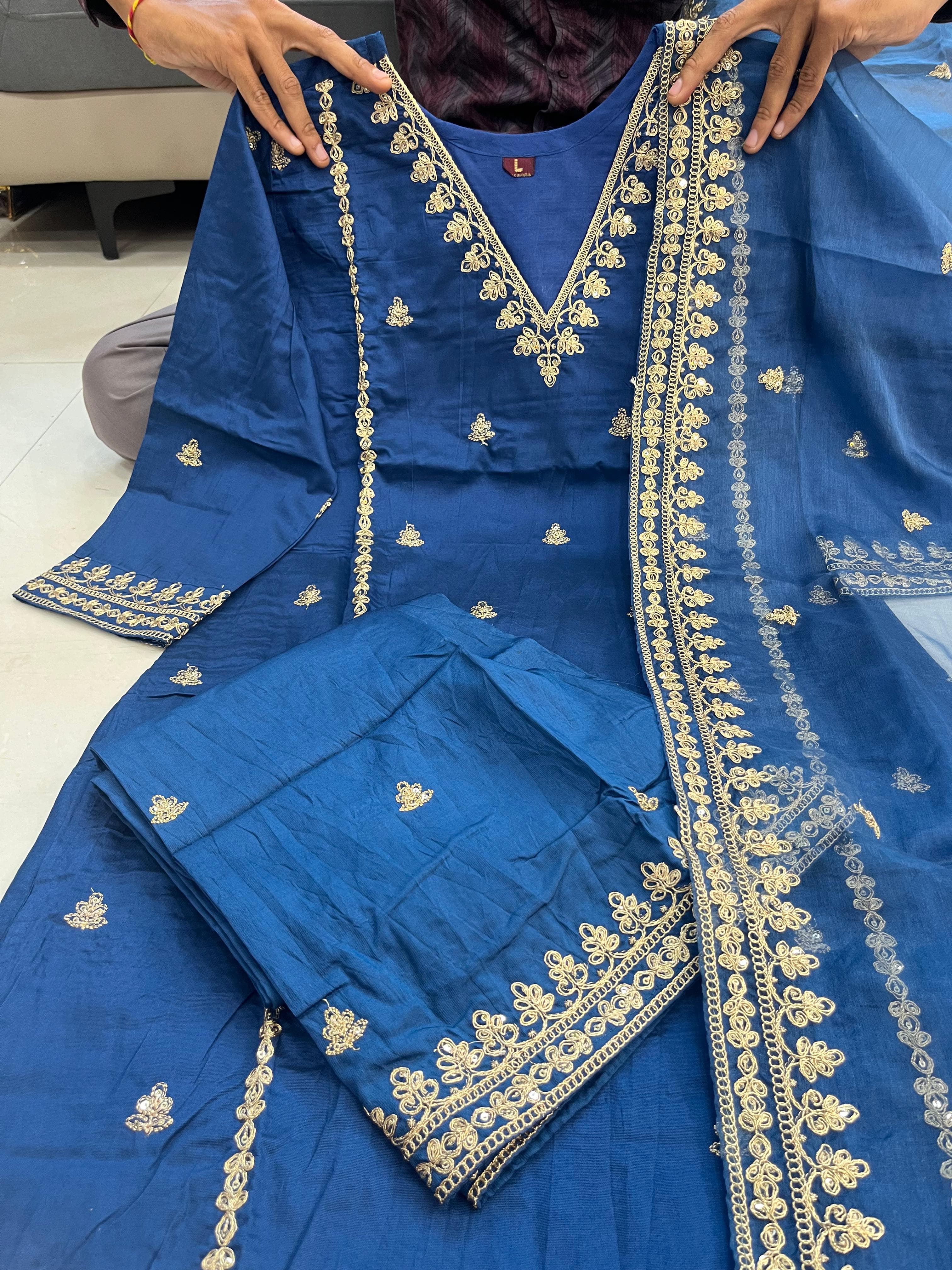 Ruhaniya Blue Chanderi Silk Embroidered Palazzo Suit Set