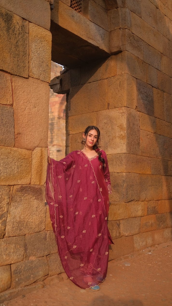 Ruhaniya Pink Chanderi Silk Embroidered Palazzo Suit Set