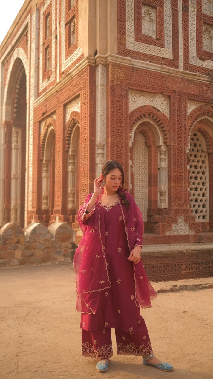 Ruhaniya Pink Chanderi Silk Embroidered Palazzo Suit Set