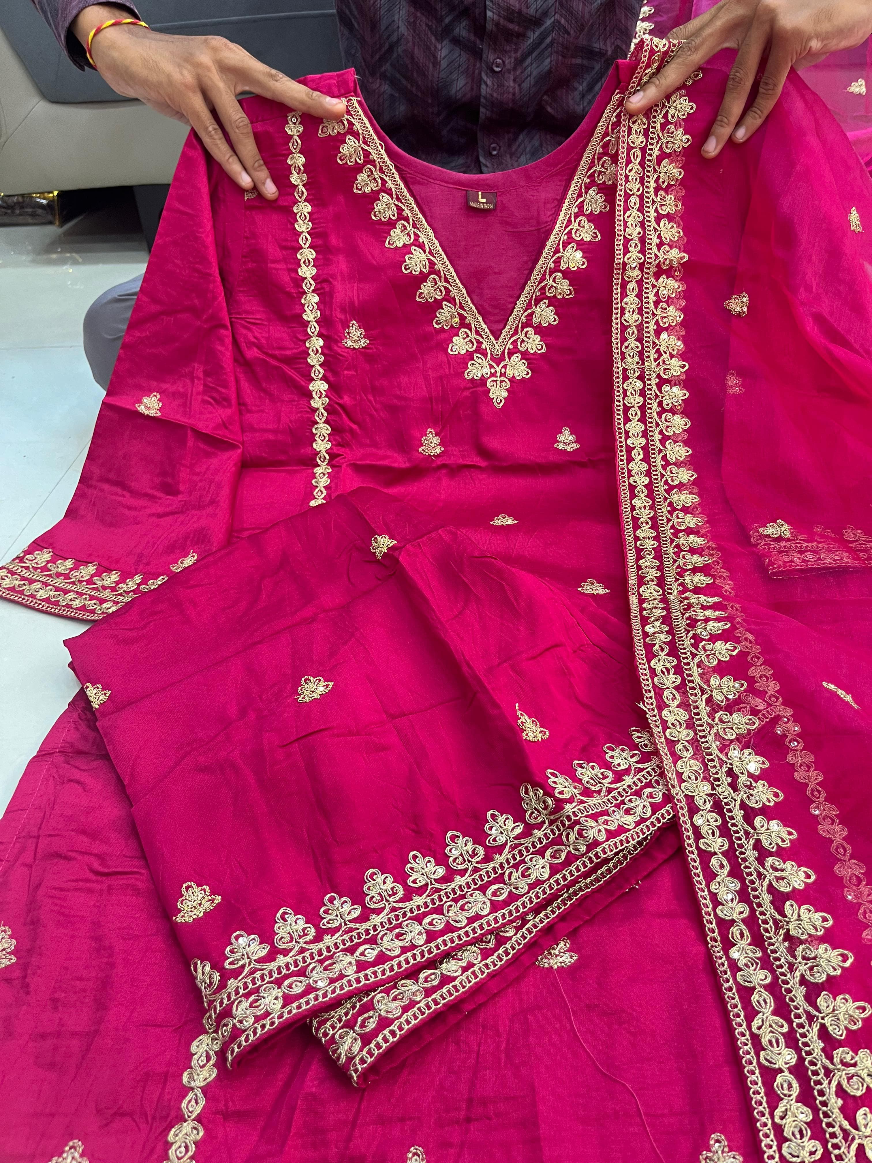 Ruhaniya Pink Chanderi Silk Embroidered Palazzo Suit Set