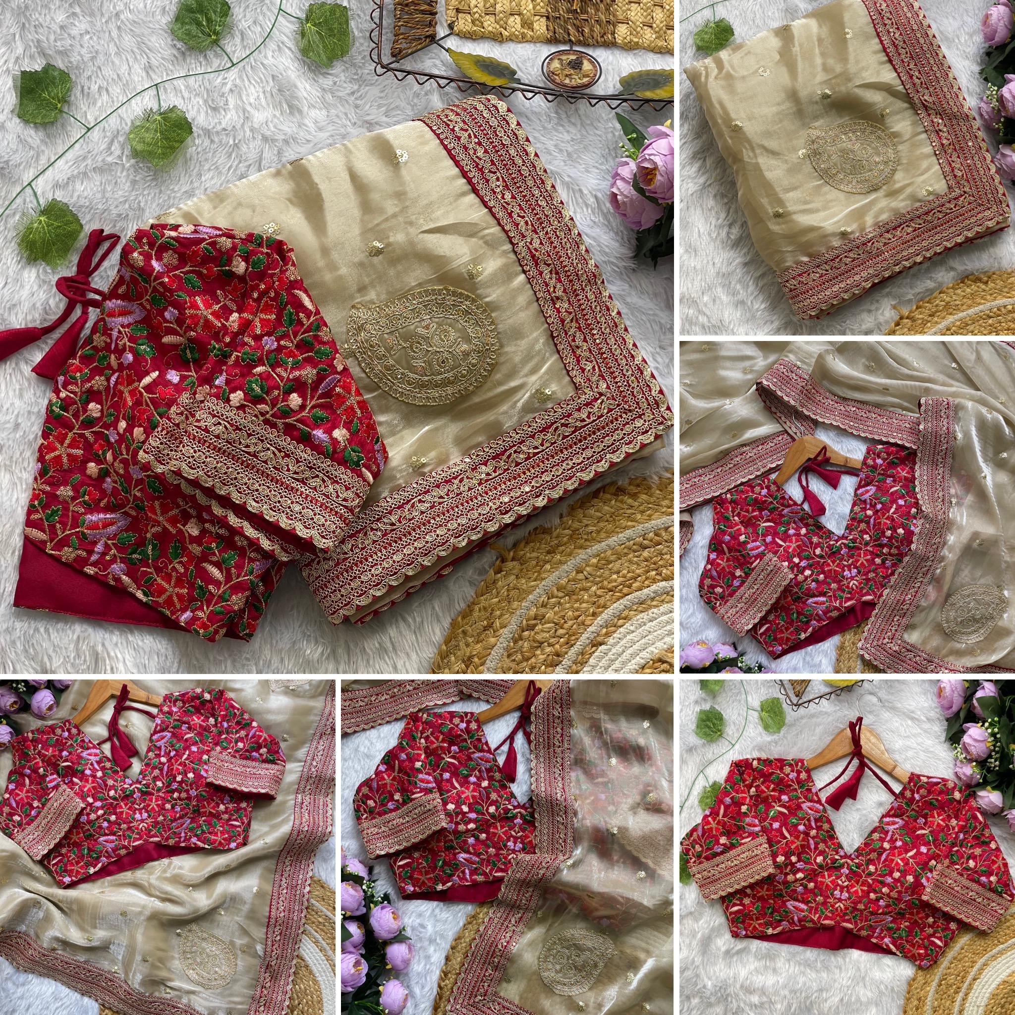 Beige Embroidered Zimmy Choo Silk Saree