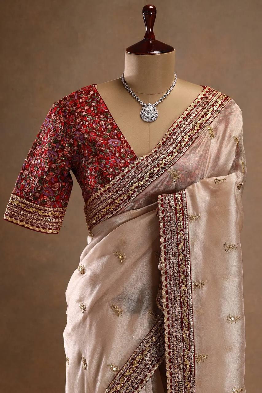 Beige Embroidered Zimmy Choo Silk Saree