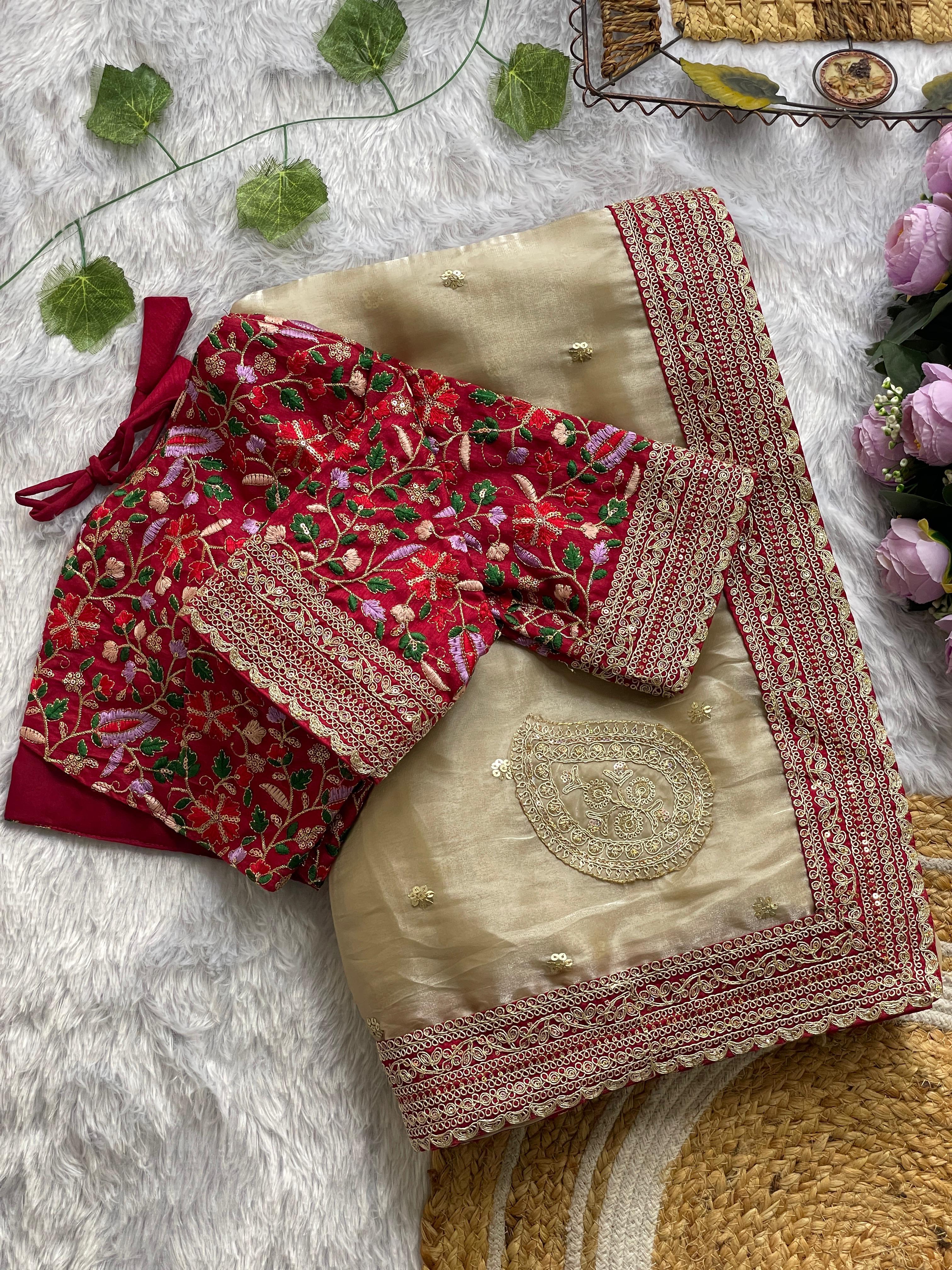 Beige Embroidered Zimmy Choo Silk Saree