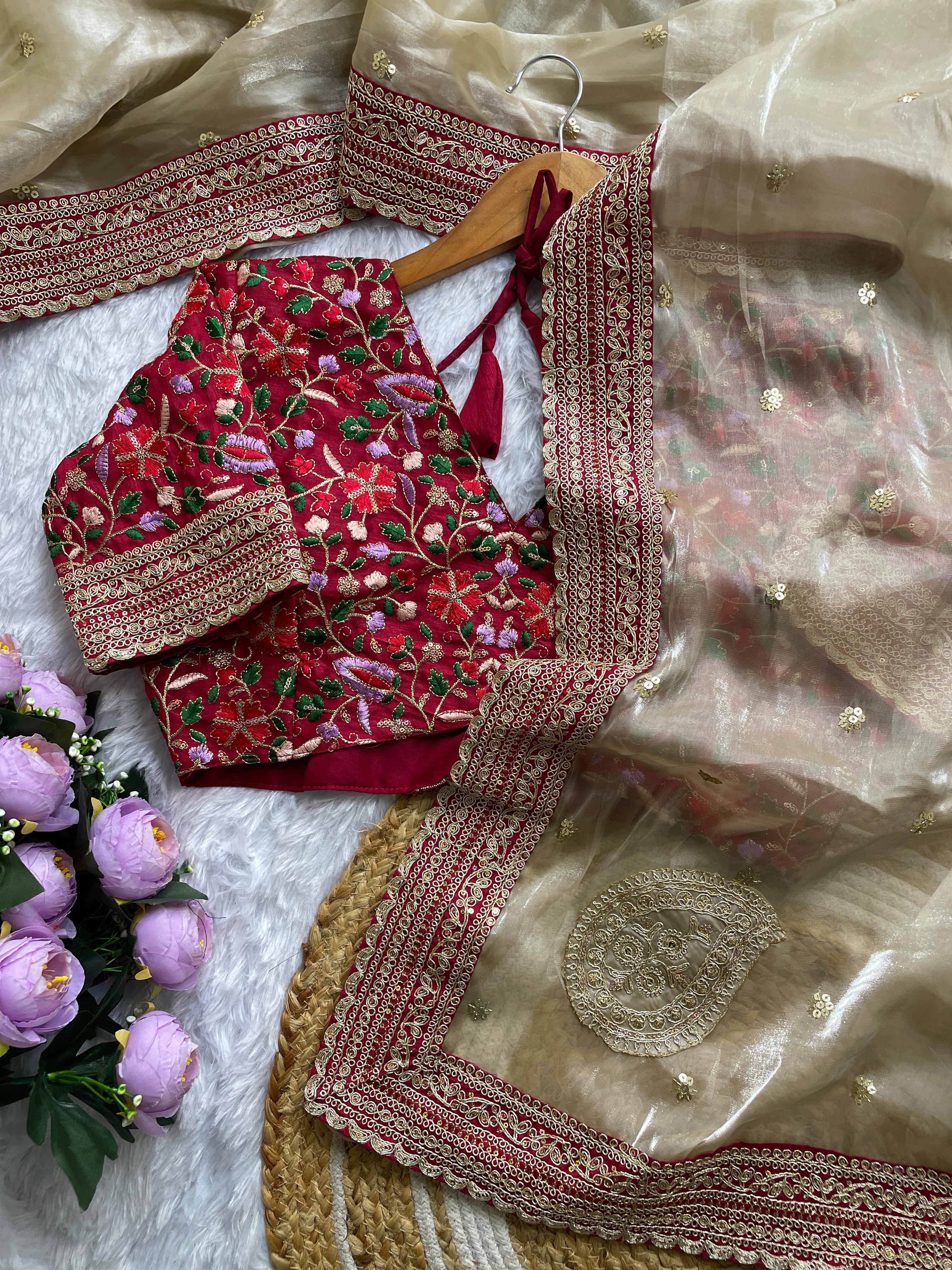 Beige Embroidered Zimmy Choo Silk Saree