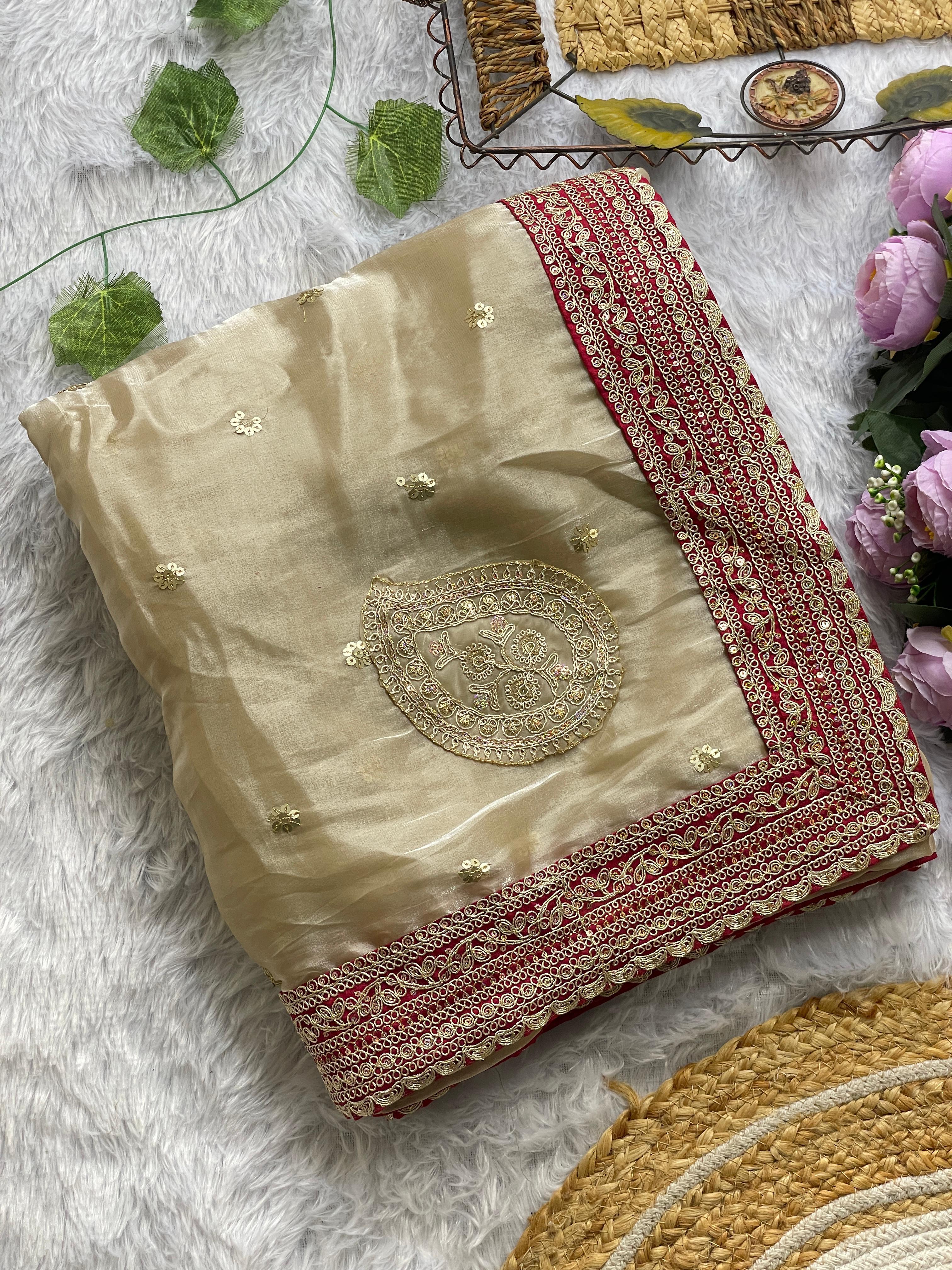 Beige Embroidered Zimmy Choo Silk Saree