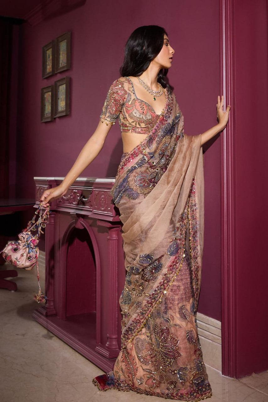 Beige Digital Print Georgette Handwork Saree