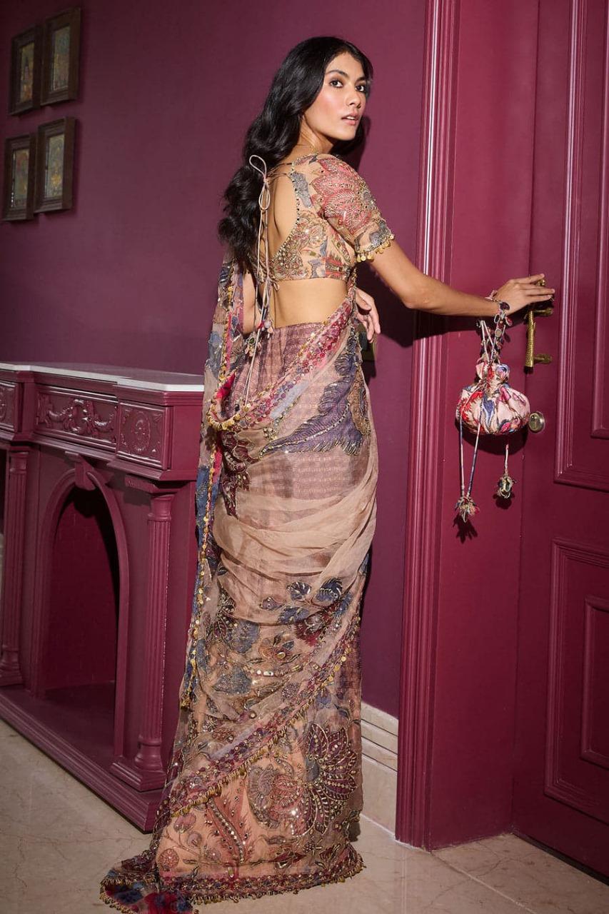 Beige Digital Print Georgette Handwork Saree