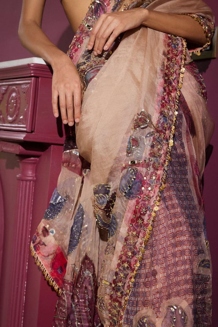 Beige Digital Print Georgette Handwork Saree