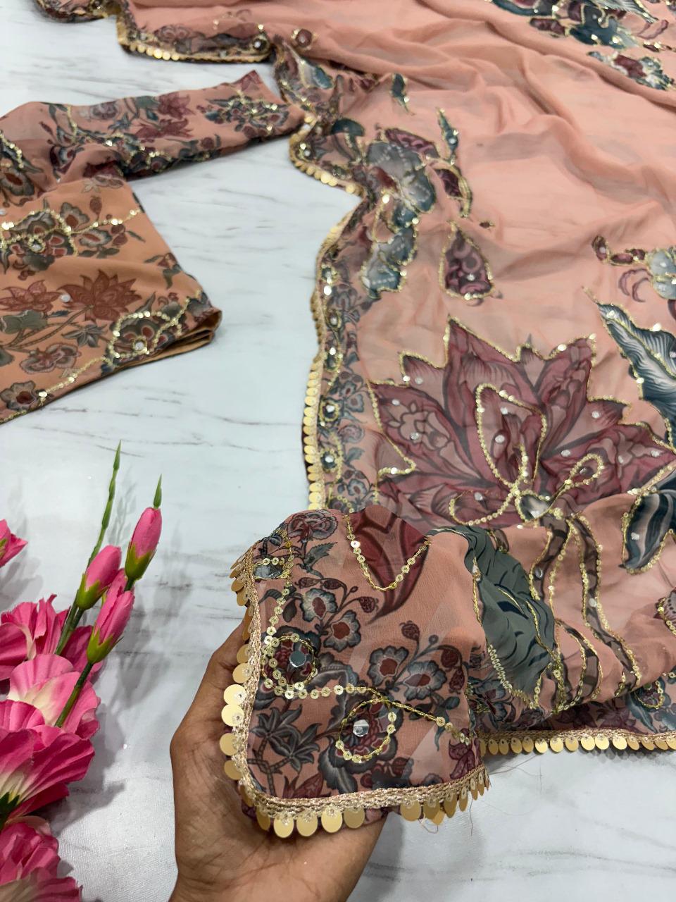 Beige Digital Print Georgette Handwork Saree