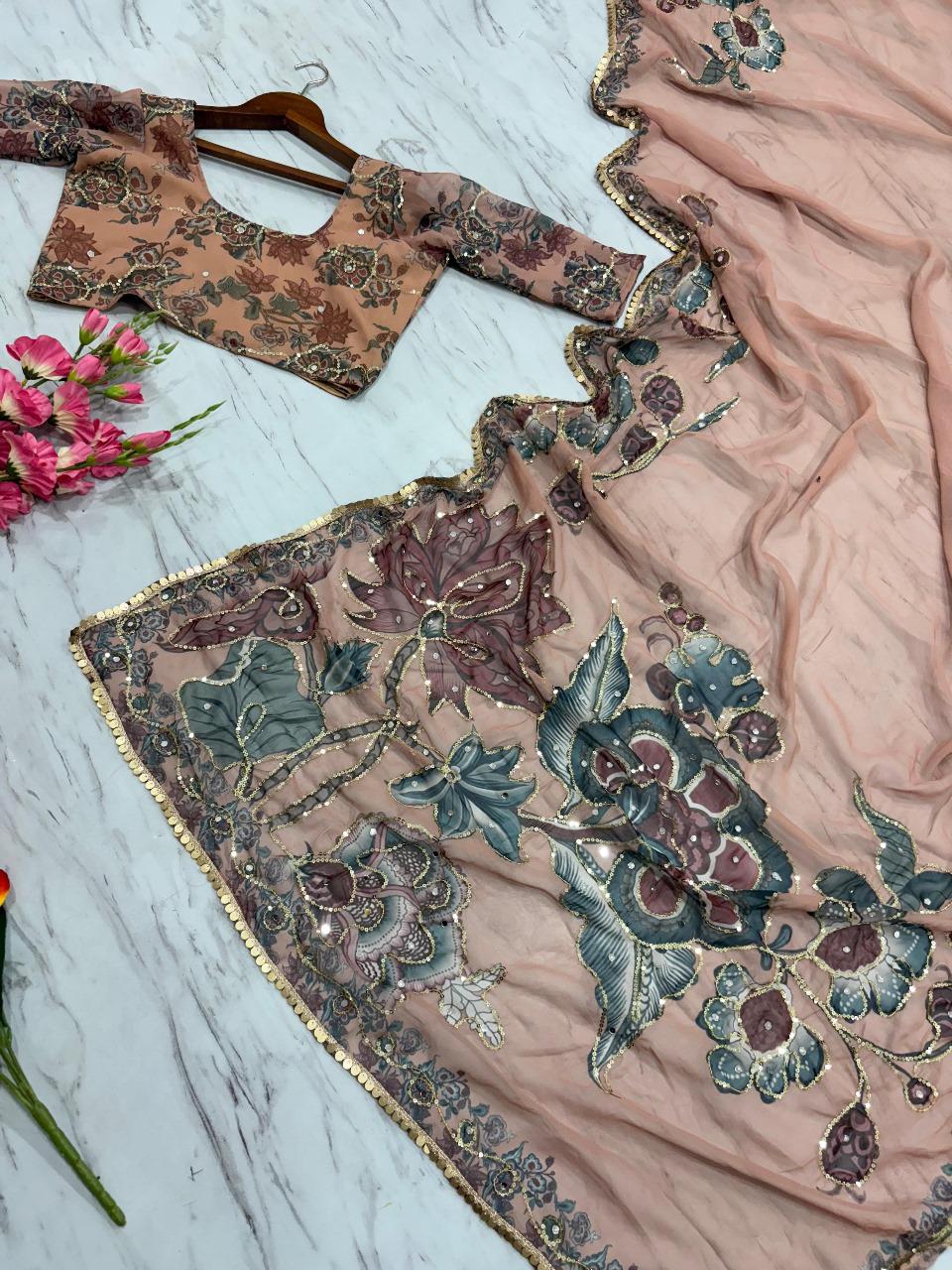 Beige Digital Print Georgette Handwork Saree
