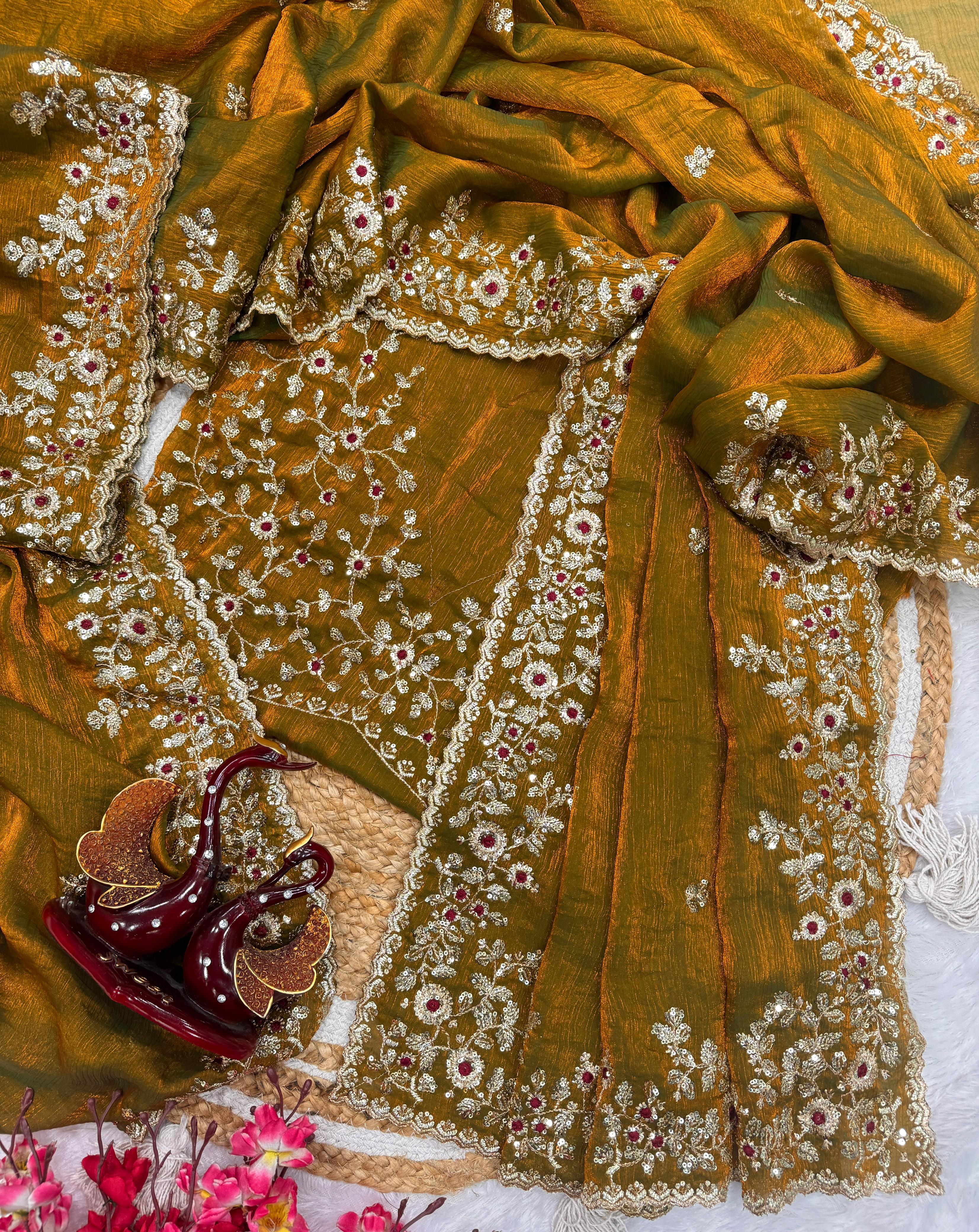 Beautiful Dark Golden Sequin Embroidered Chiffon Saree