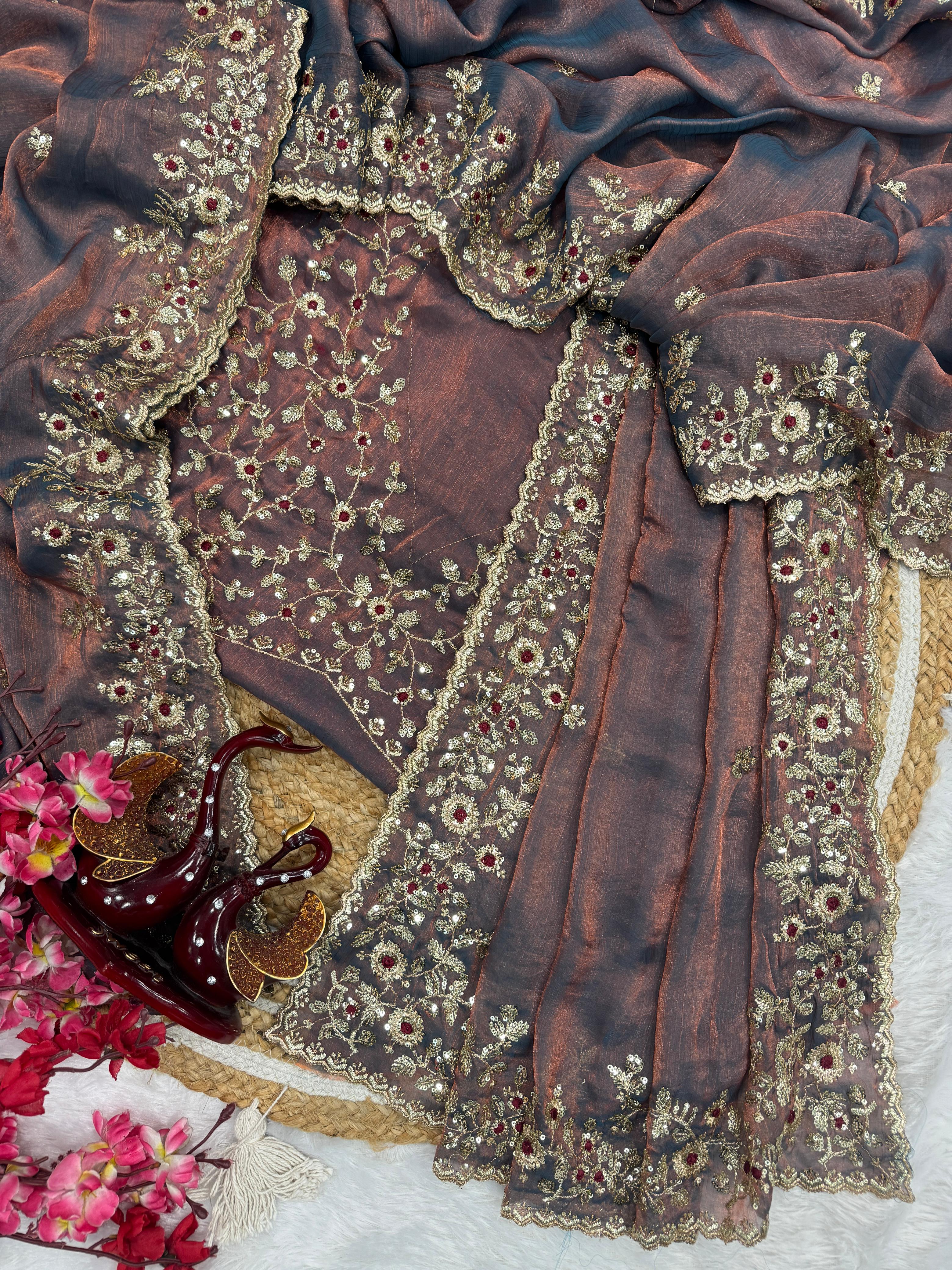 Beautiful Purple Sequin Embroidered Chiffon Saree