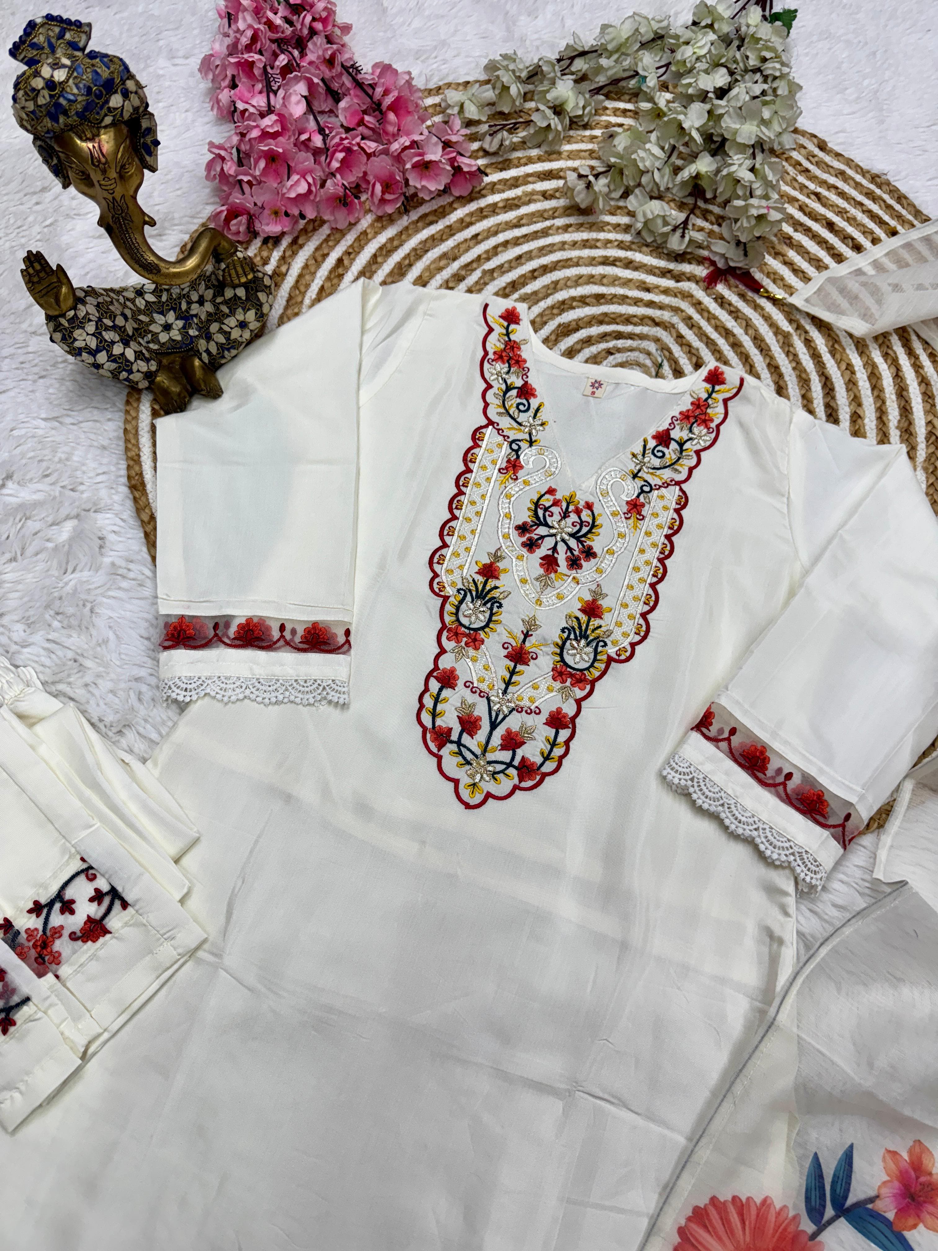 Beautiful Noorva White Chanderi Embroidered Suit Set