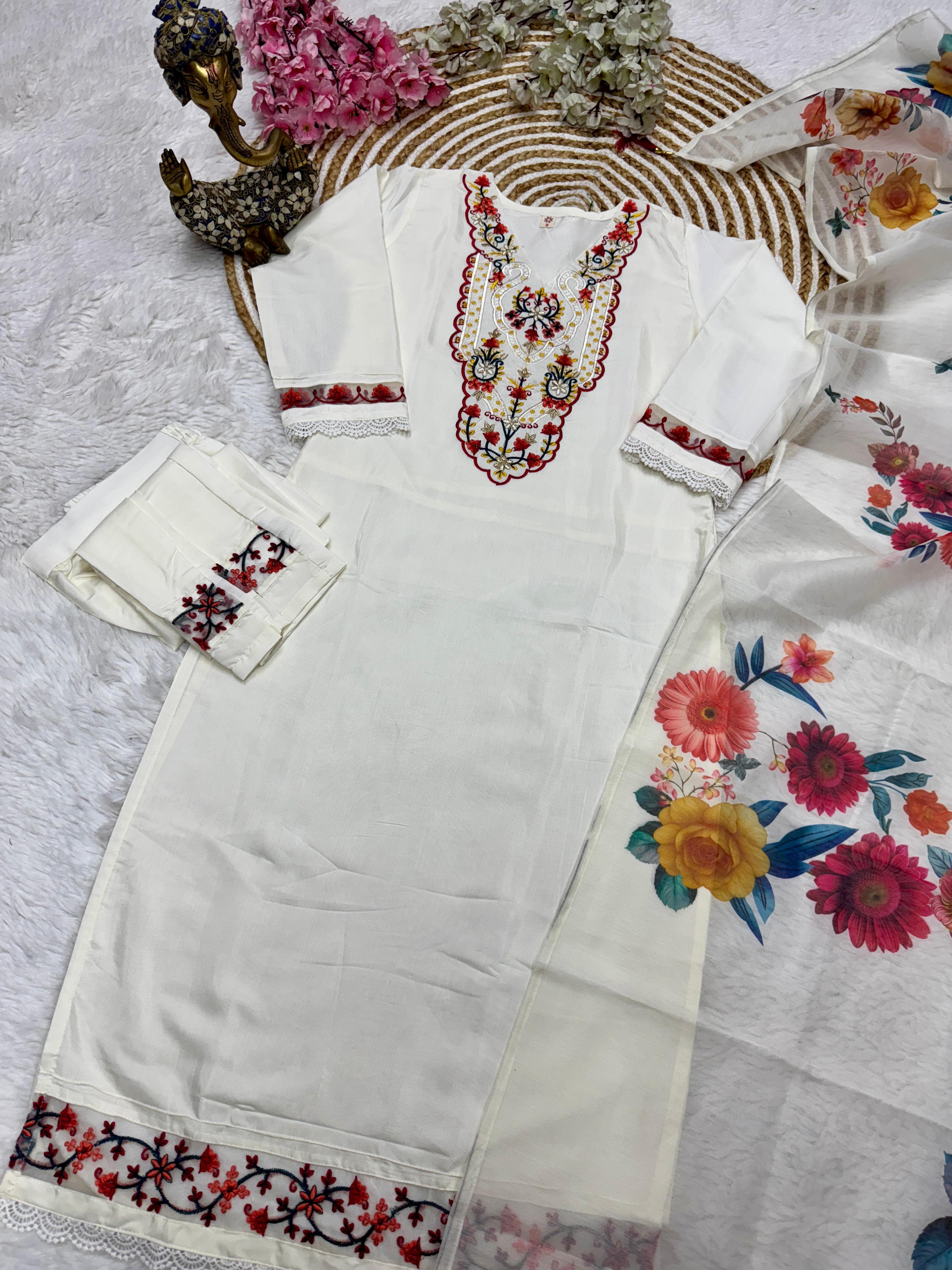 Beautiful Noorva White Chanderi Embroidered Suit Set