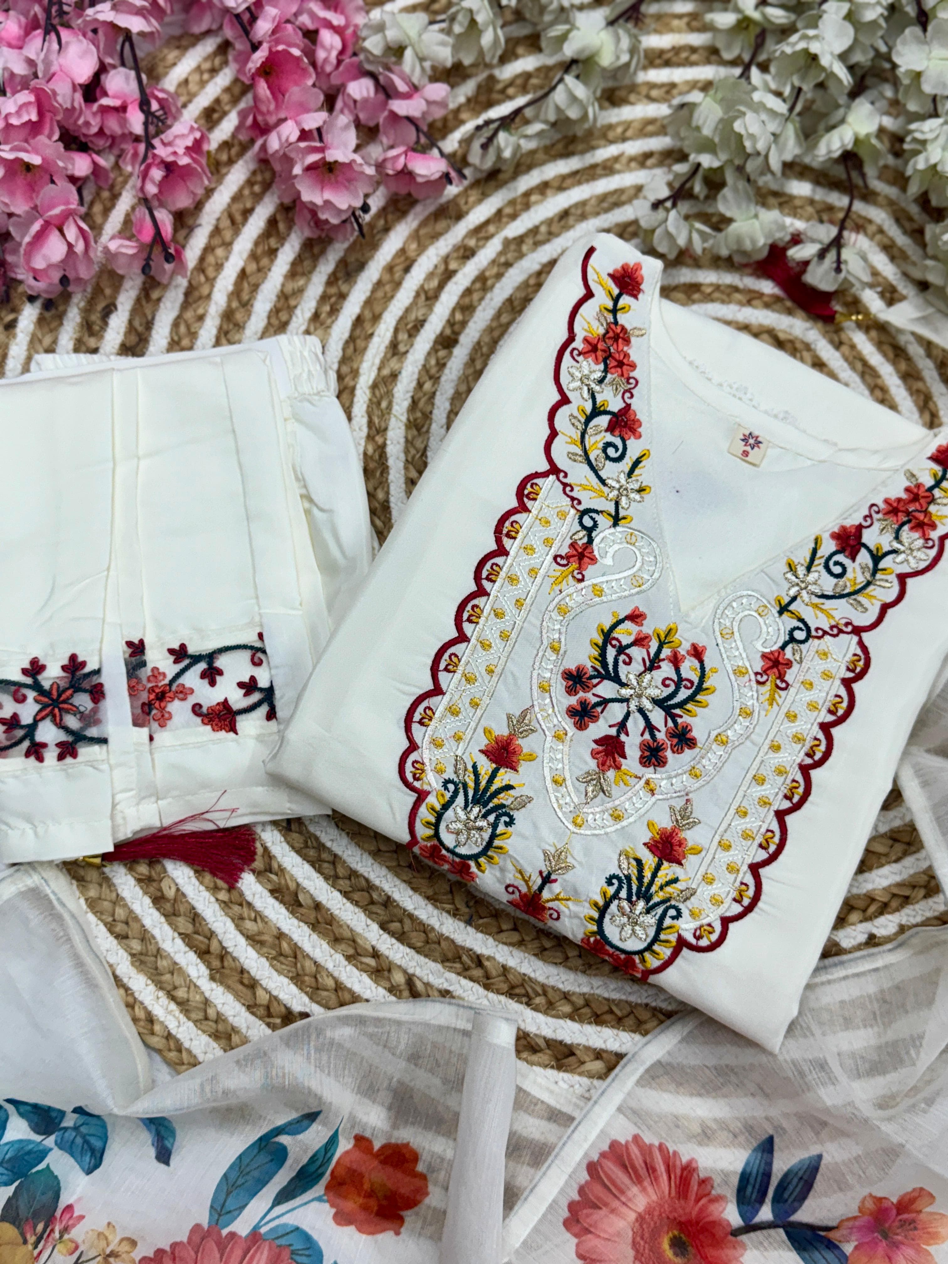 Beautiful Noorva White Chanderi Embroidered Suit Set