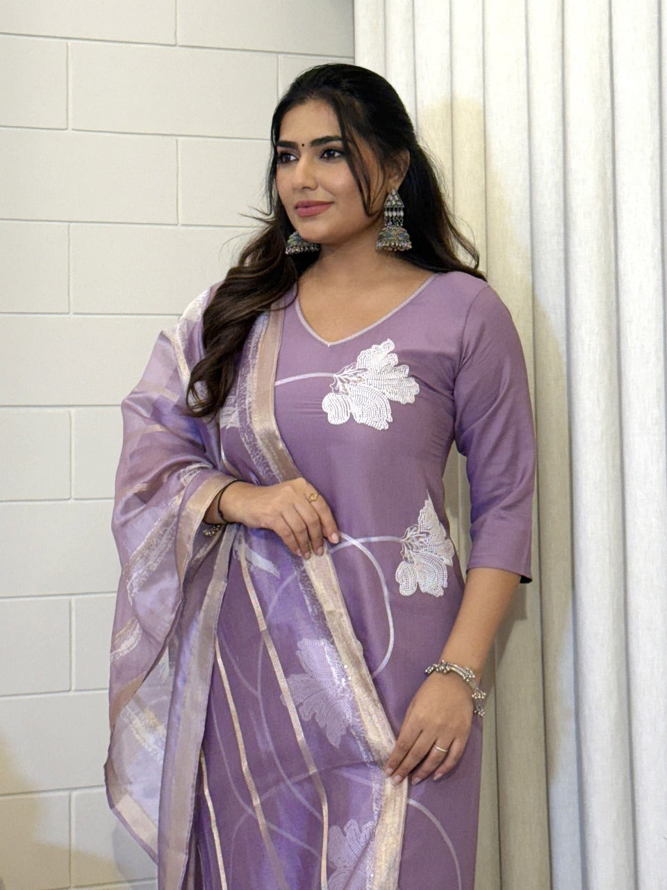 Purple Viscose Reyon Embroidered Suit Set