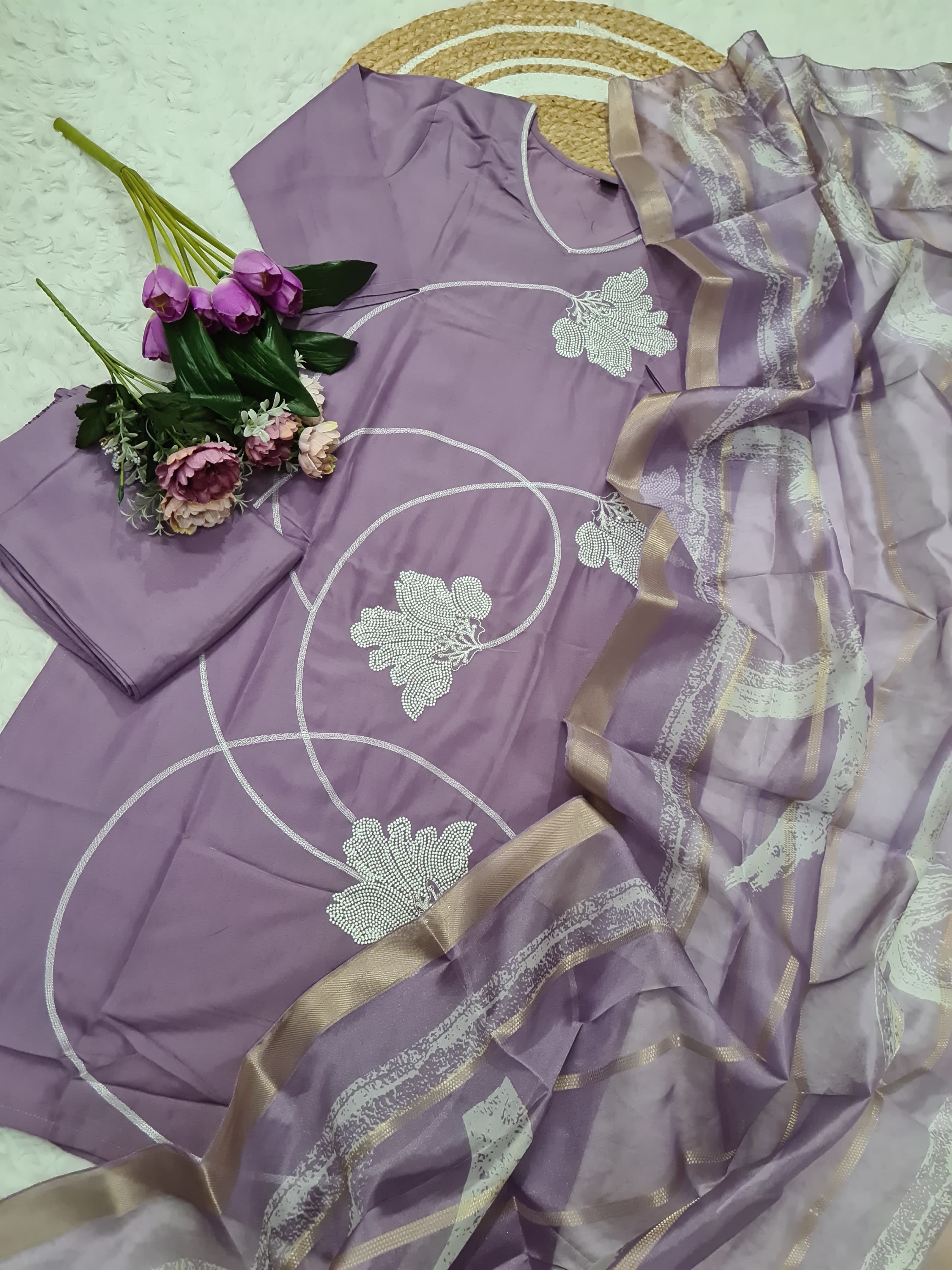 Purple Viscose Reyon Embroidered Suit Set