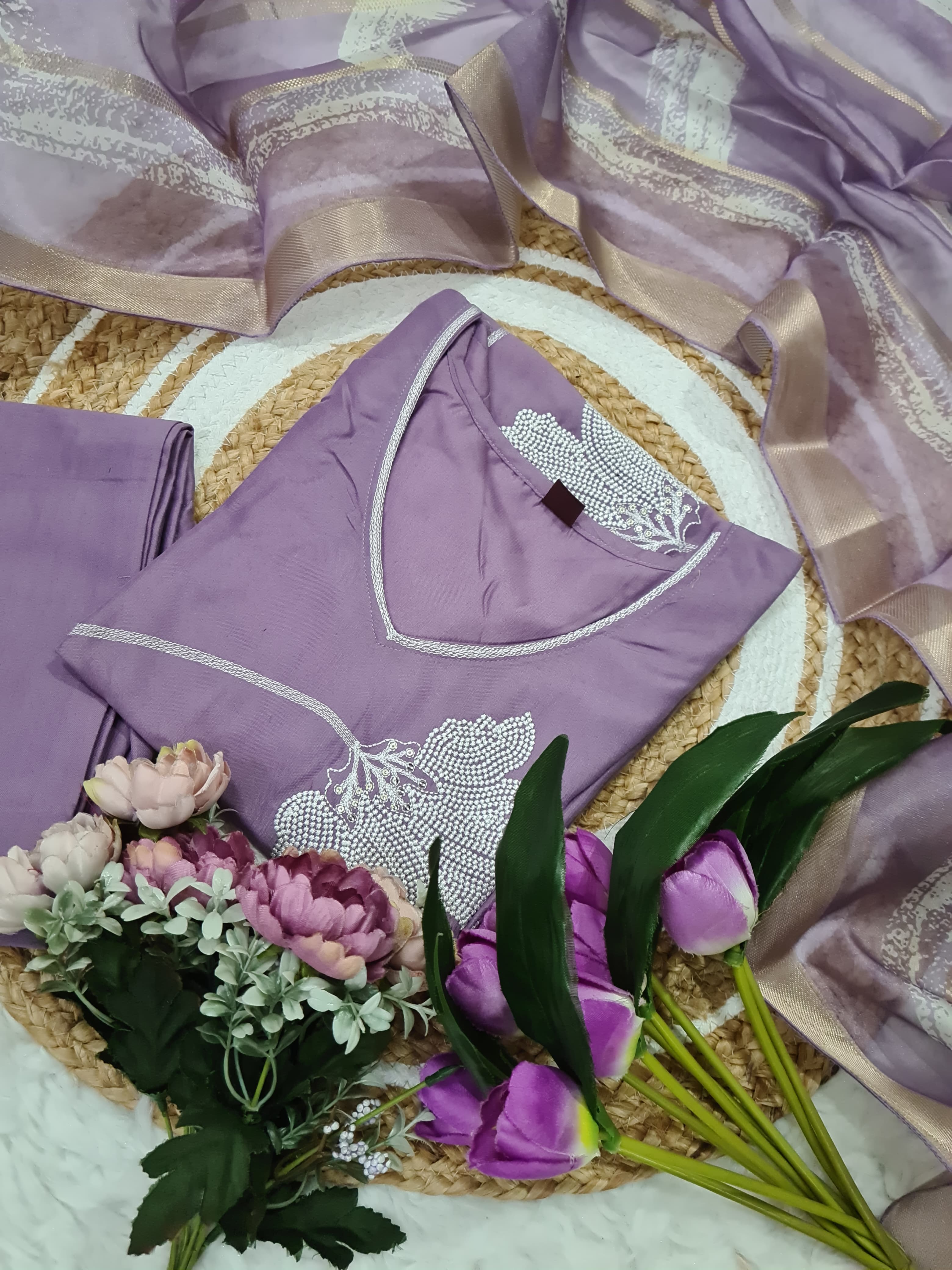 Purple Viscose Reyon Embroidered Suit Set