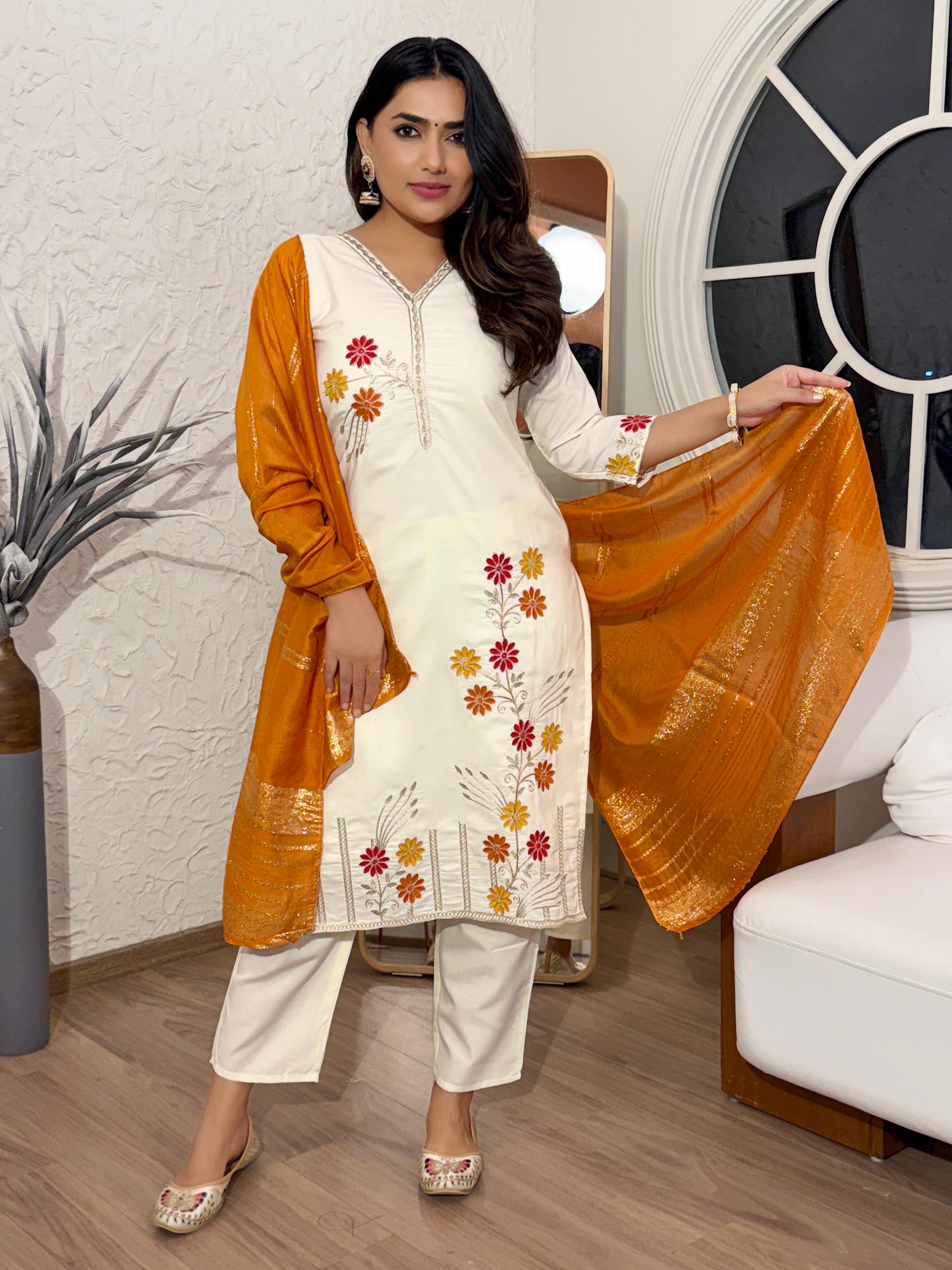 Aarunya Off-White Cotton Silk Embroidered Suit Set