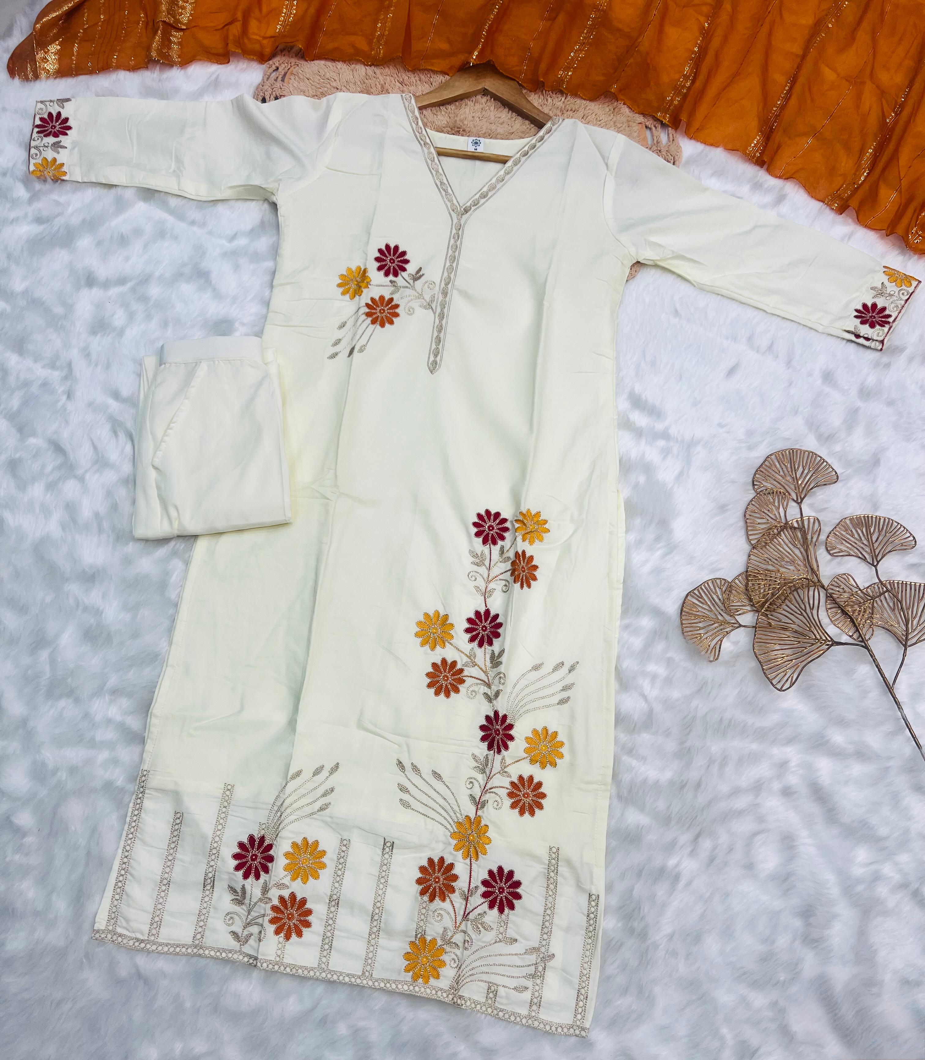 Aarunya Off-White Cotton Silk Embroidered Suit Set