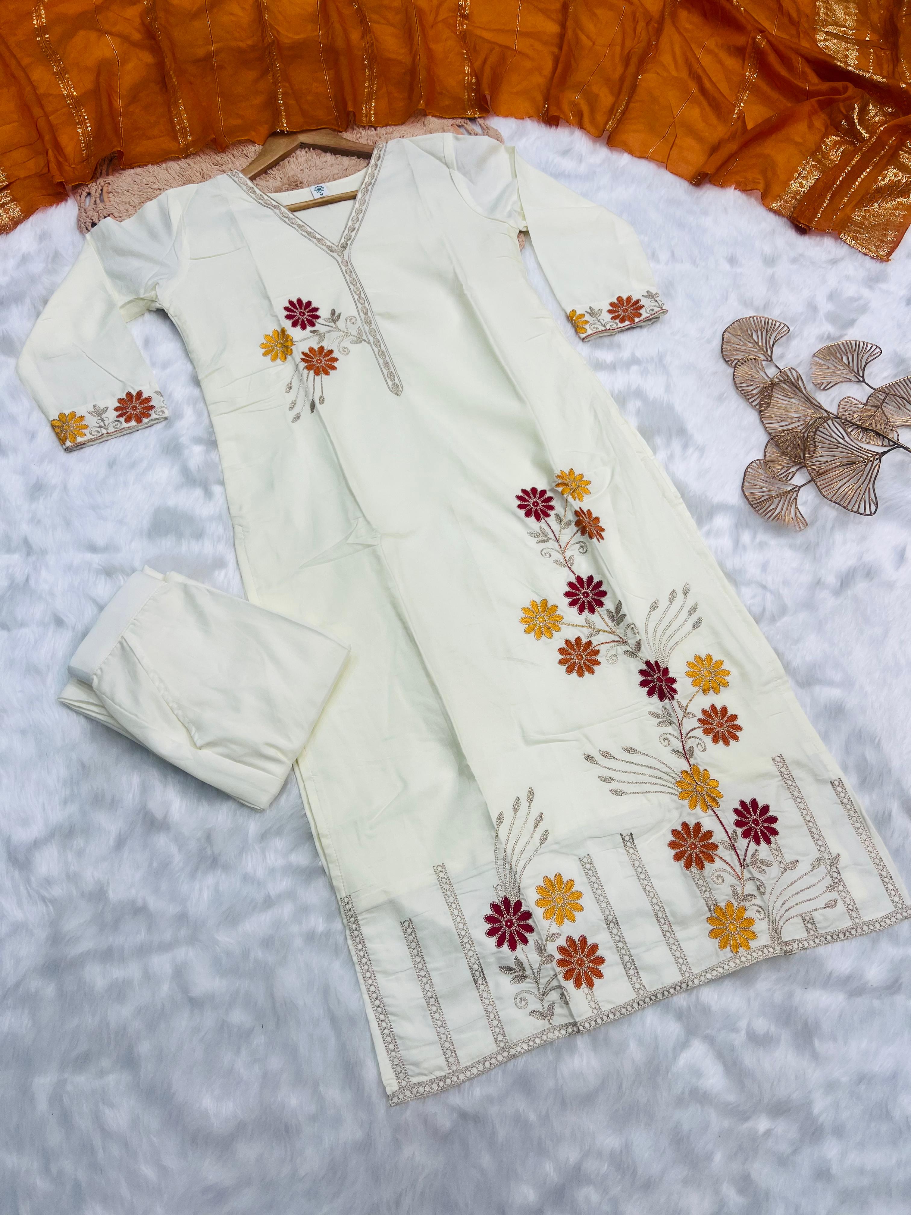 Aarunya Off-White Cotton Silk Embroidered Suit Set