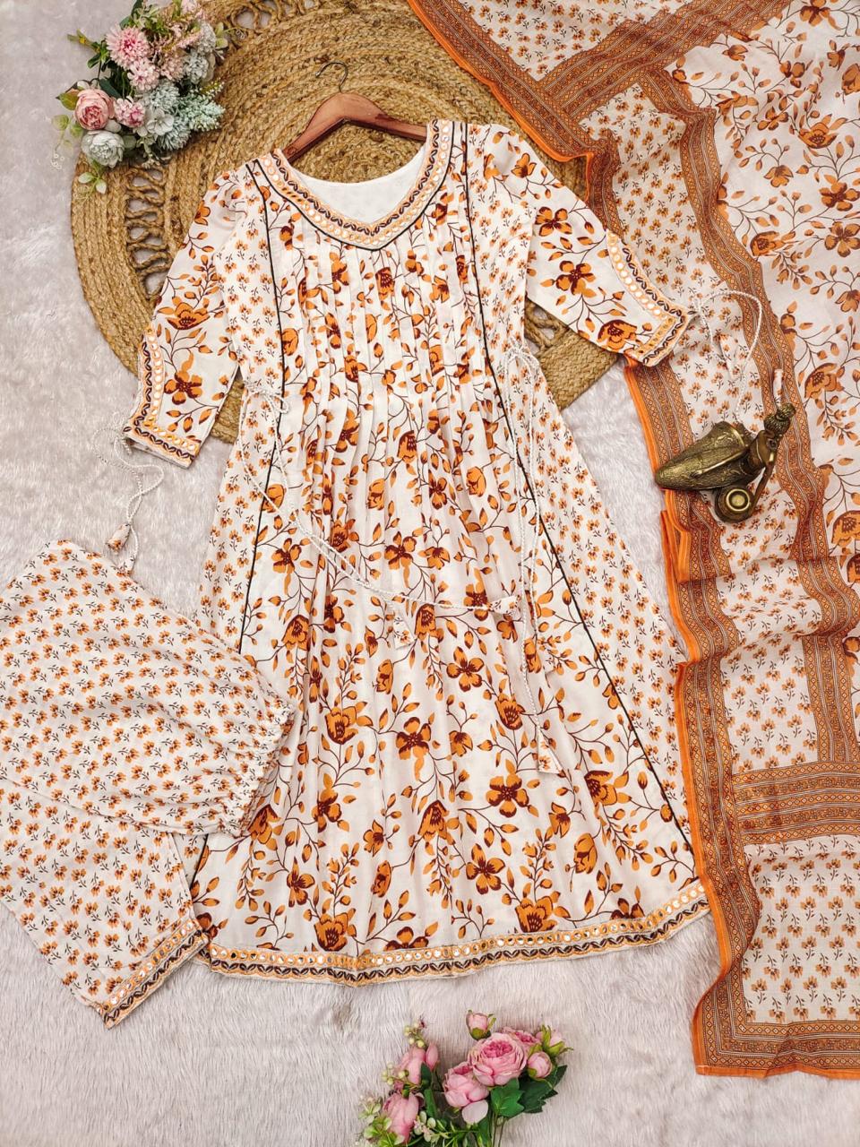 Beautiful Orange Floral Anarkali Palazzo Set