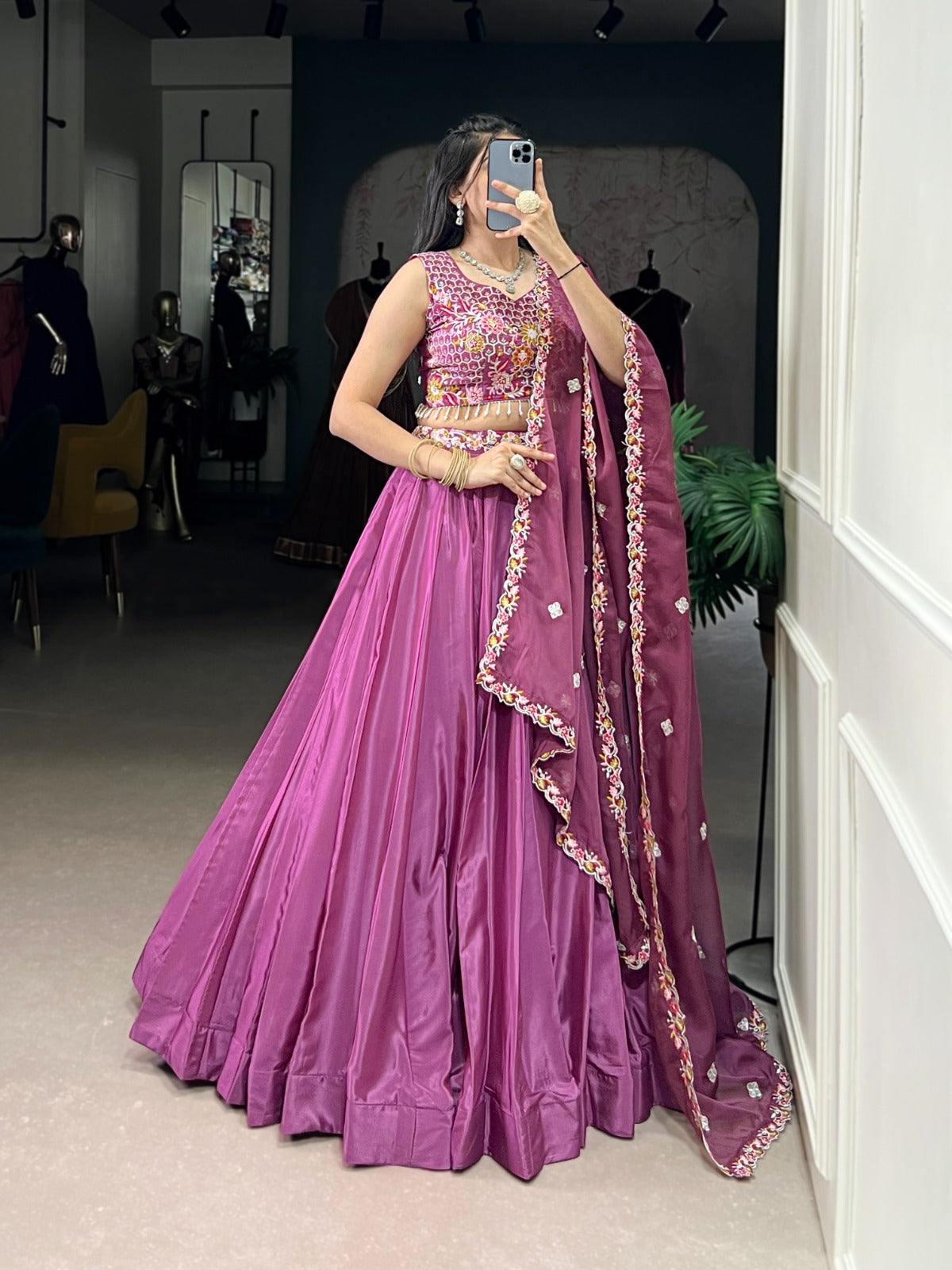 New launching Purple Silk Crepe Embroidered Lehenga Set