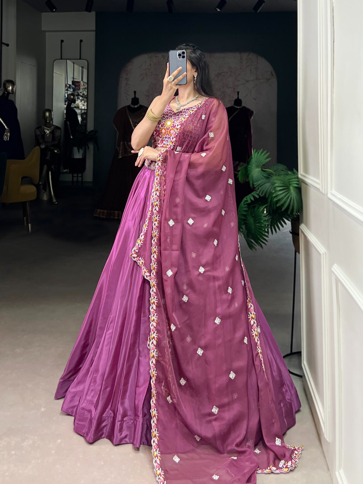 New launching Purple Silk Crepe Embroidered Lehenga Set