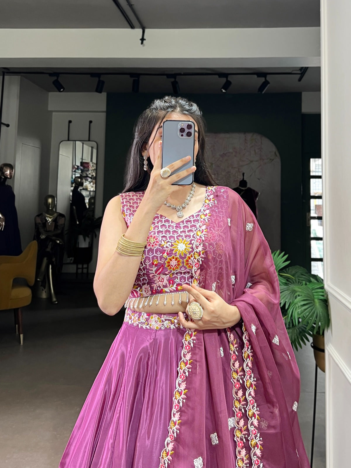 New launching Purple Silk Crepe Embroidered Lehenga Set