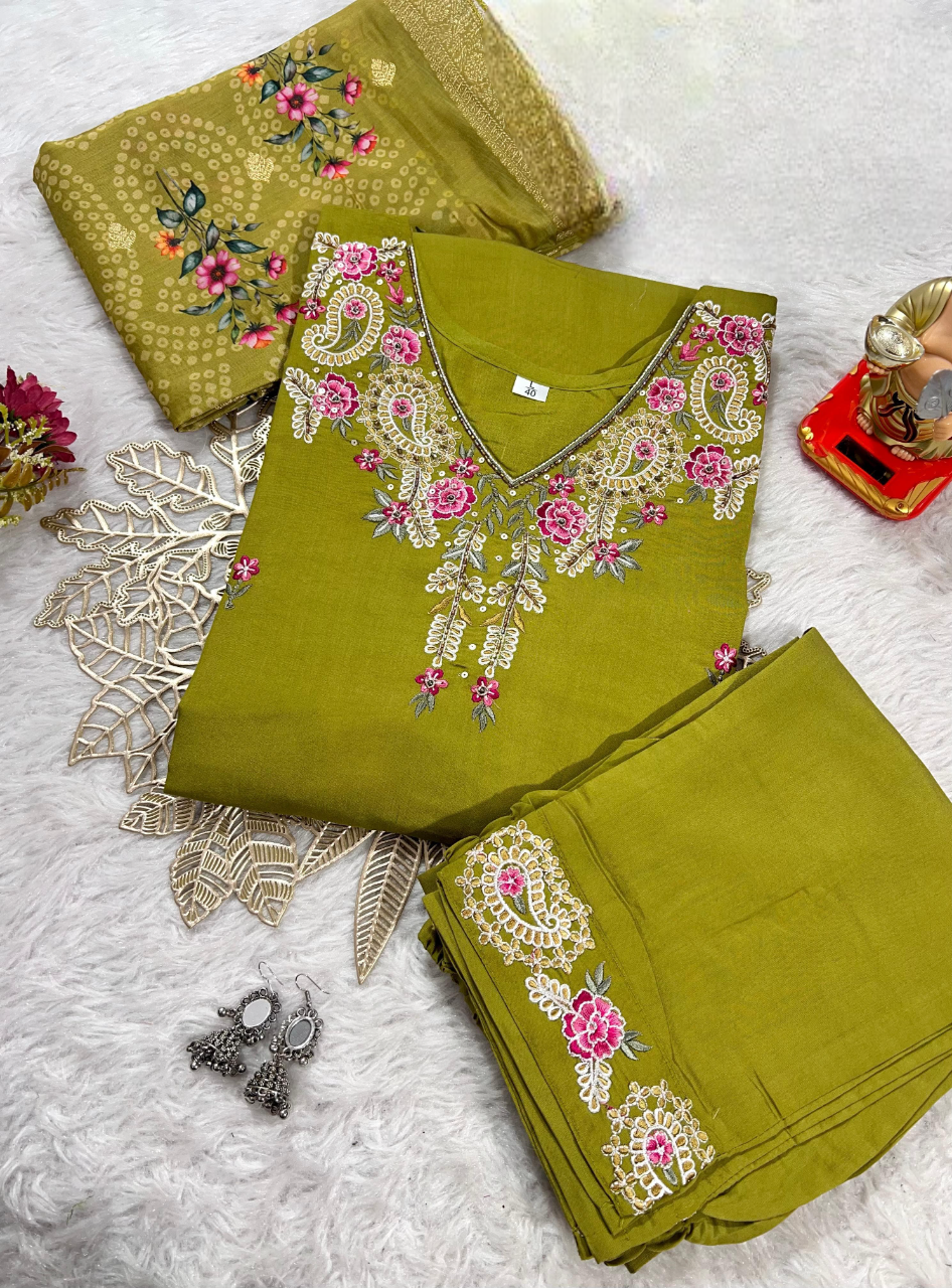 Zehra Mehendi Embroidered Kurti Set