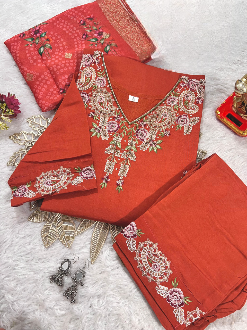 Zehra Red Muslin Embroidered Kurti Set