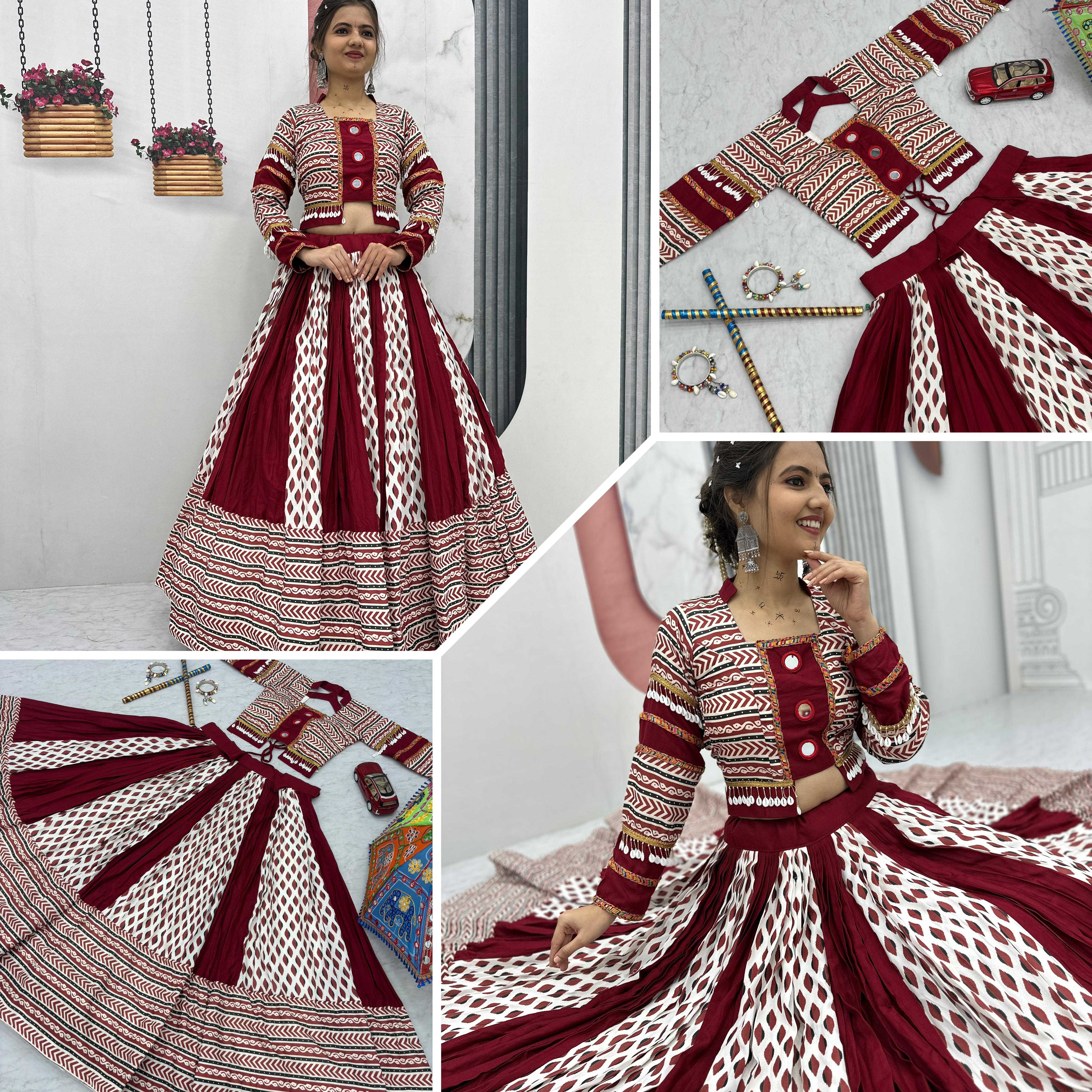 Maroon Ajrakh Mirrorwork Lehenga Set