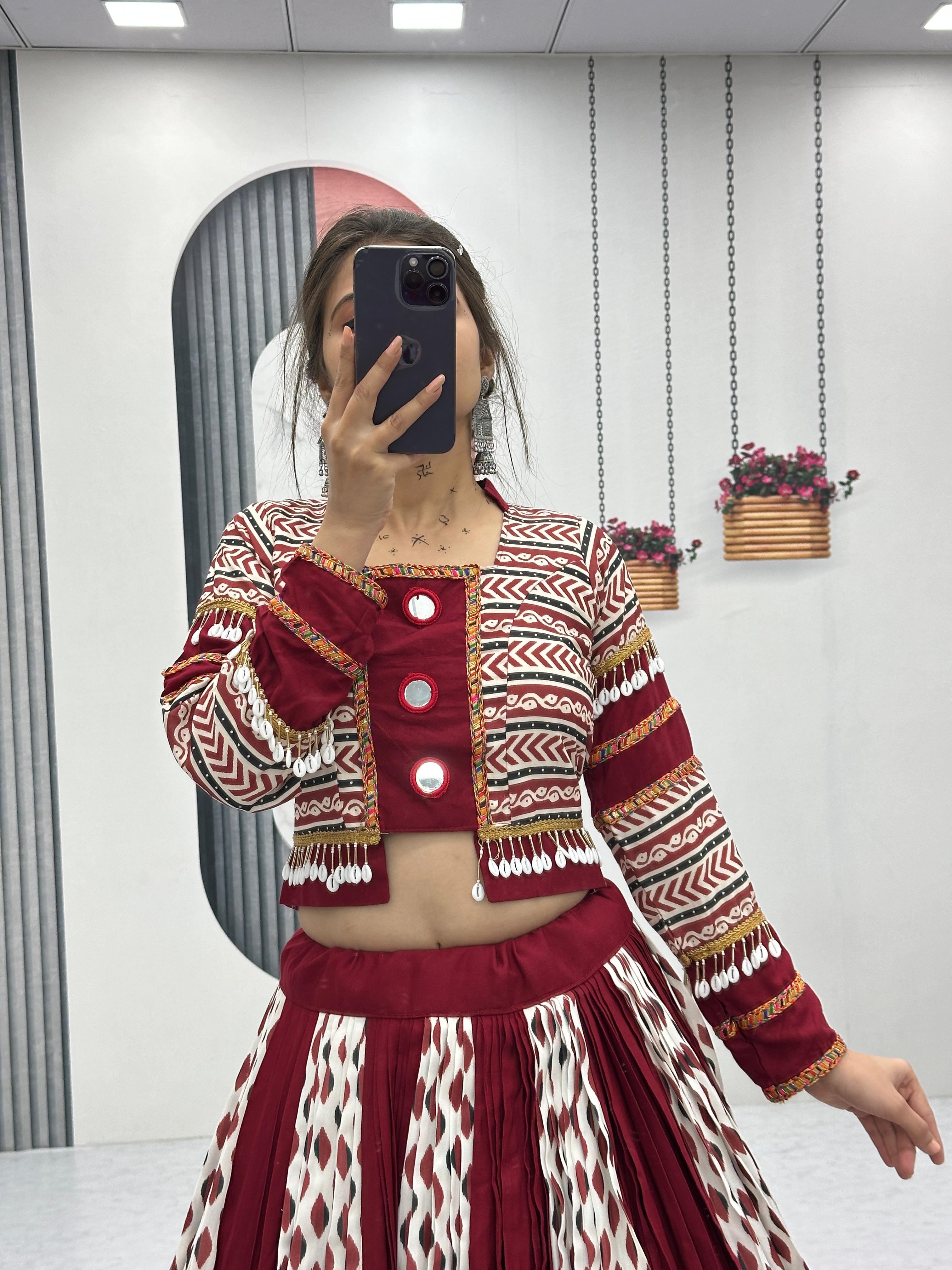 Maroon Ajrakh Mirrorwork Lehenga Set