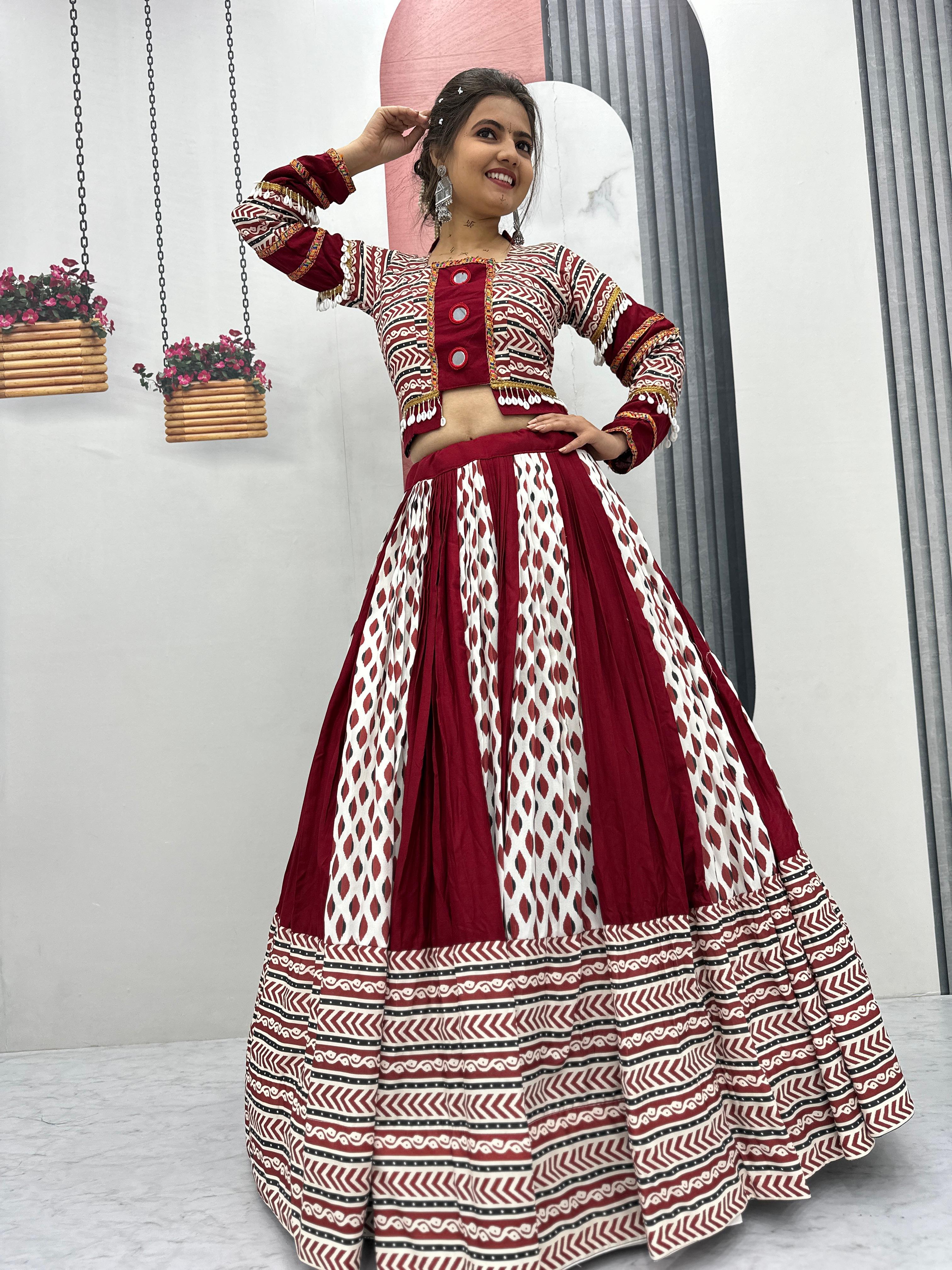 Maroon Ajrakh Mirrorwork Lehenga Set