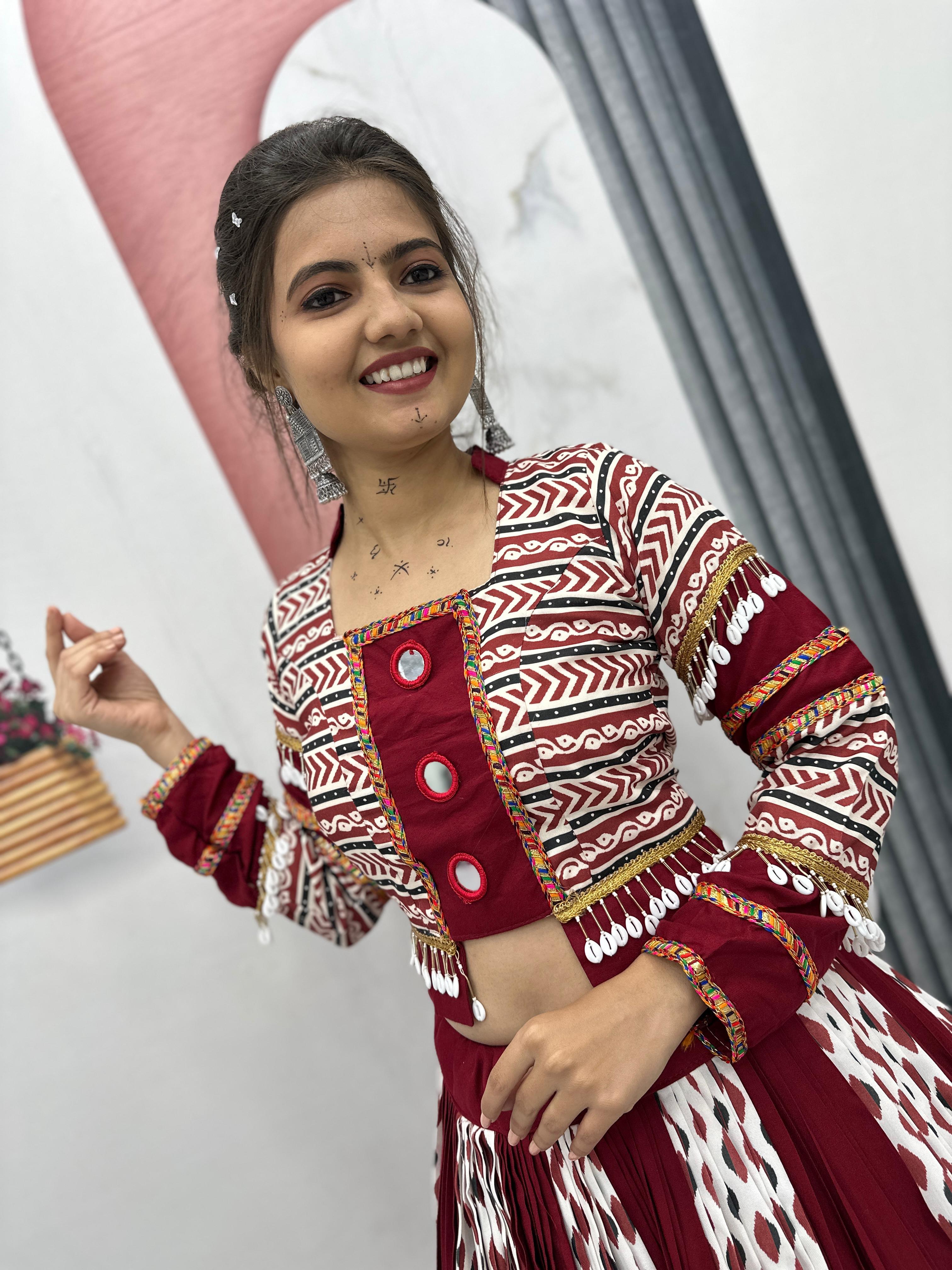 Maroon Ajrakh Mirrorwork Lehenga Set