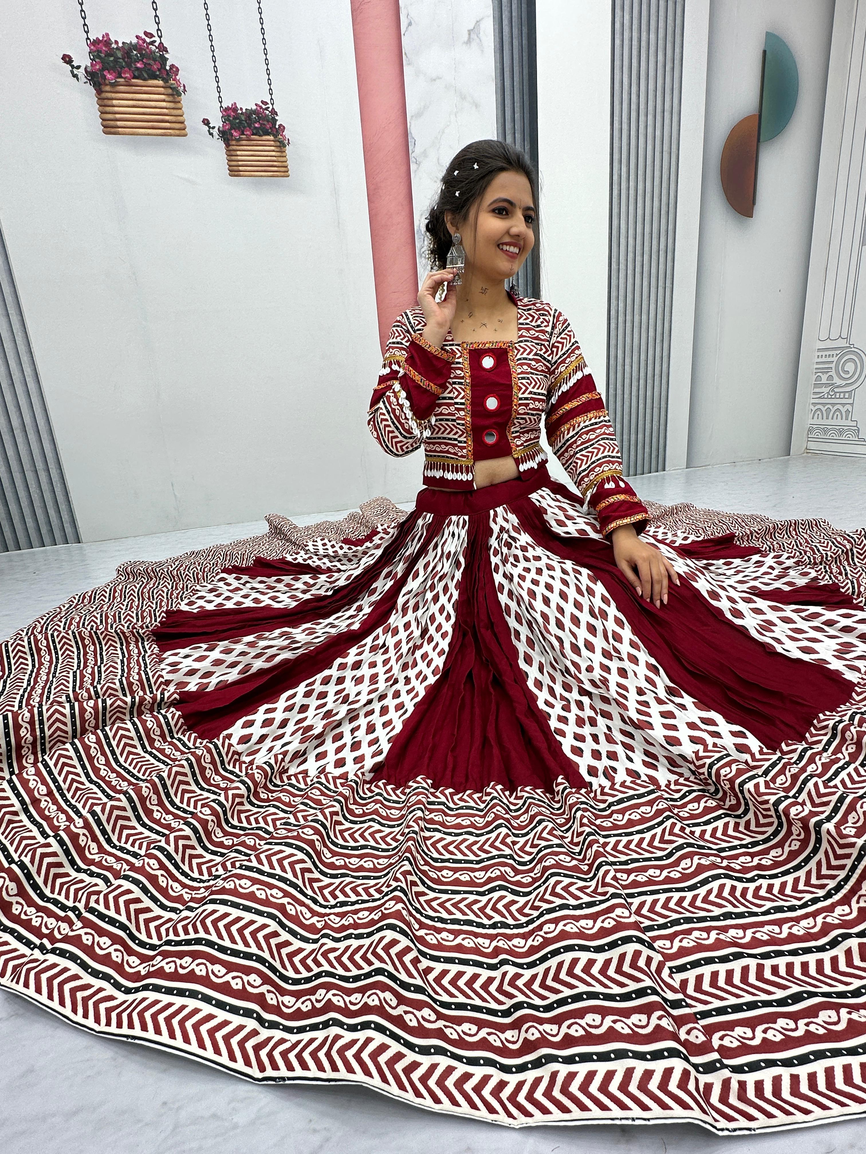 Maroon Ajrakh Mirrorwork Lehenga Set
