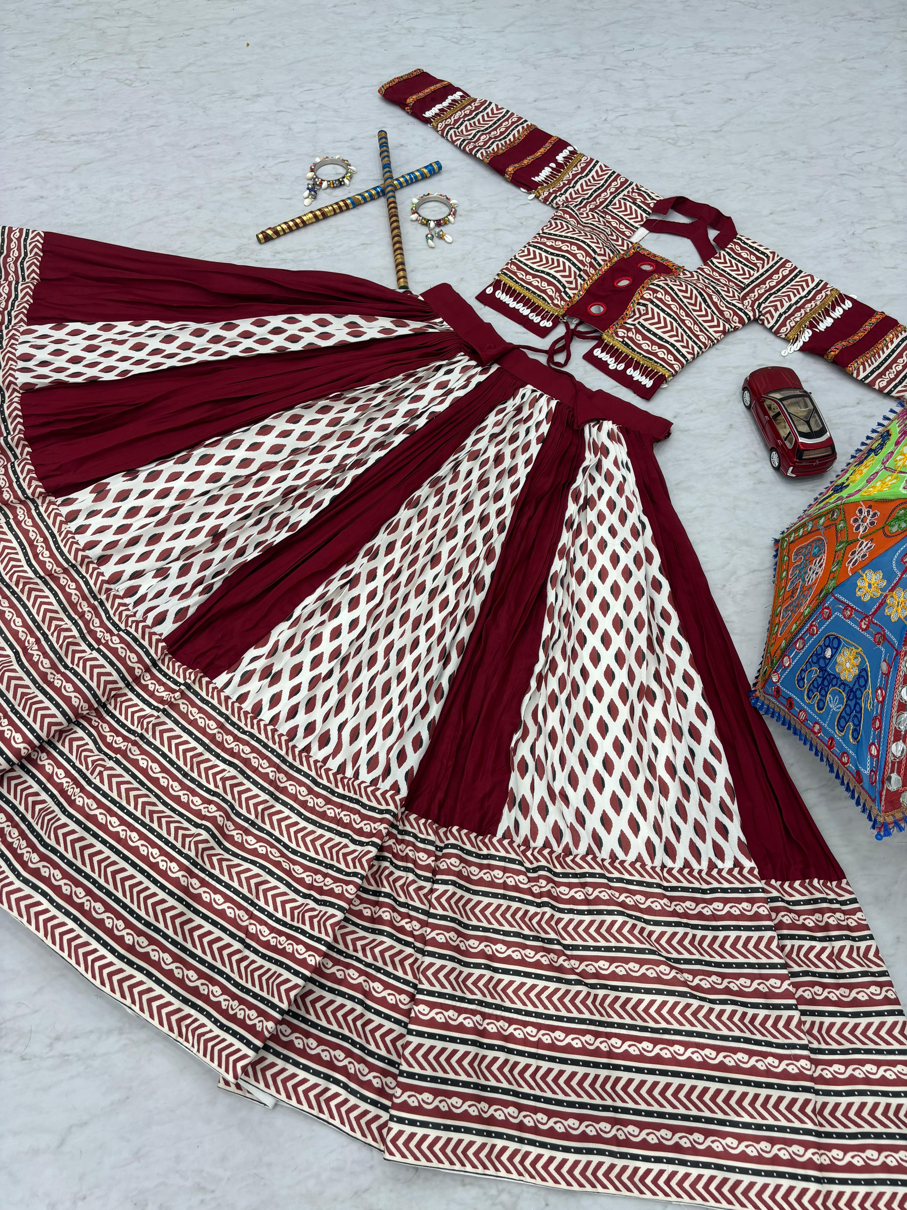 Maroon Ajrakh Mirrorwork Lehenga Set