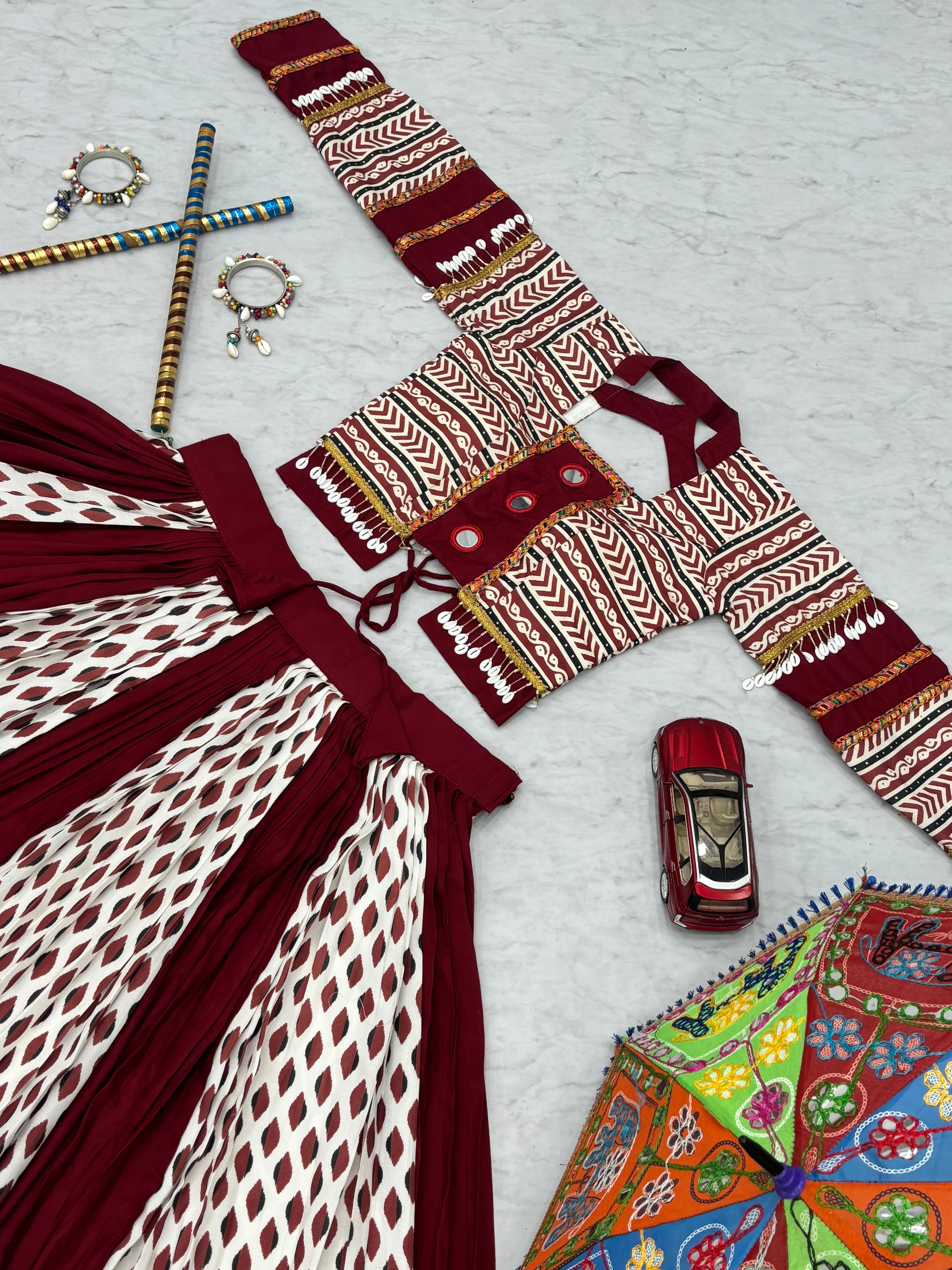 Maroon Ajrakh Mirrorwork Lehenga Set
