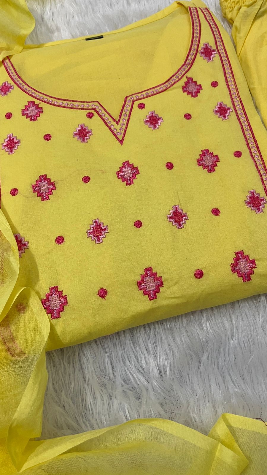 Light Yellow Embroidered Cotton Suit Set