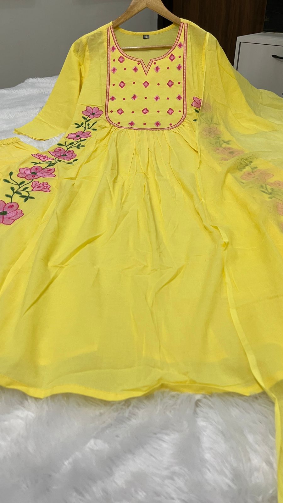 Light Yellow Embroidered Cotton Suit Set