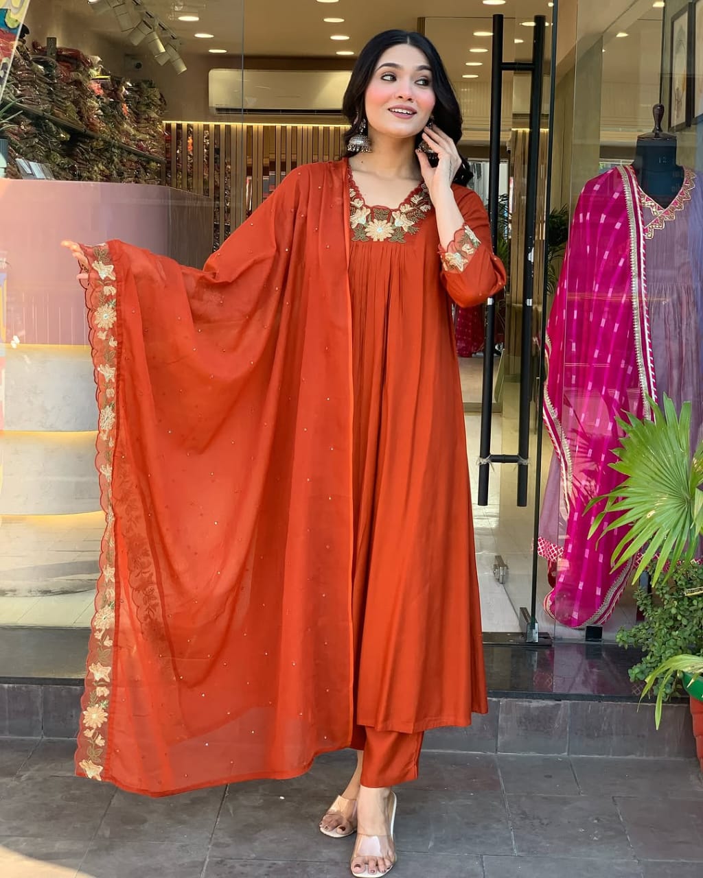 Red Elegance Embroidered Cotton Suit Set