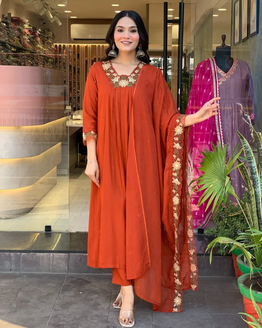 Red Elegance Embroidered Cotton Suit Set
