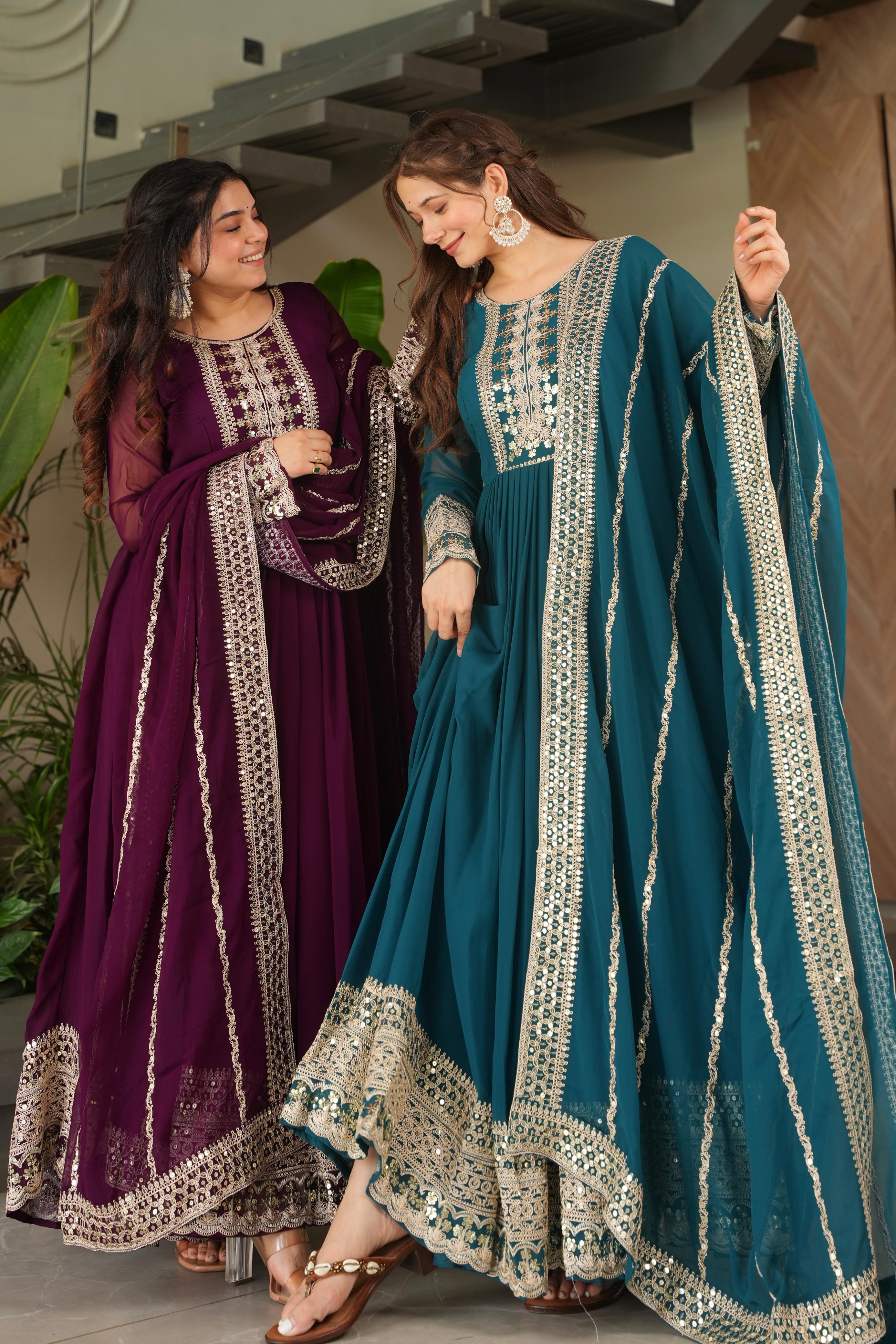 Noorani Siqunce Embroidered Fox Georgette Gown Set