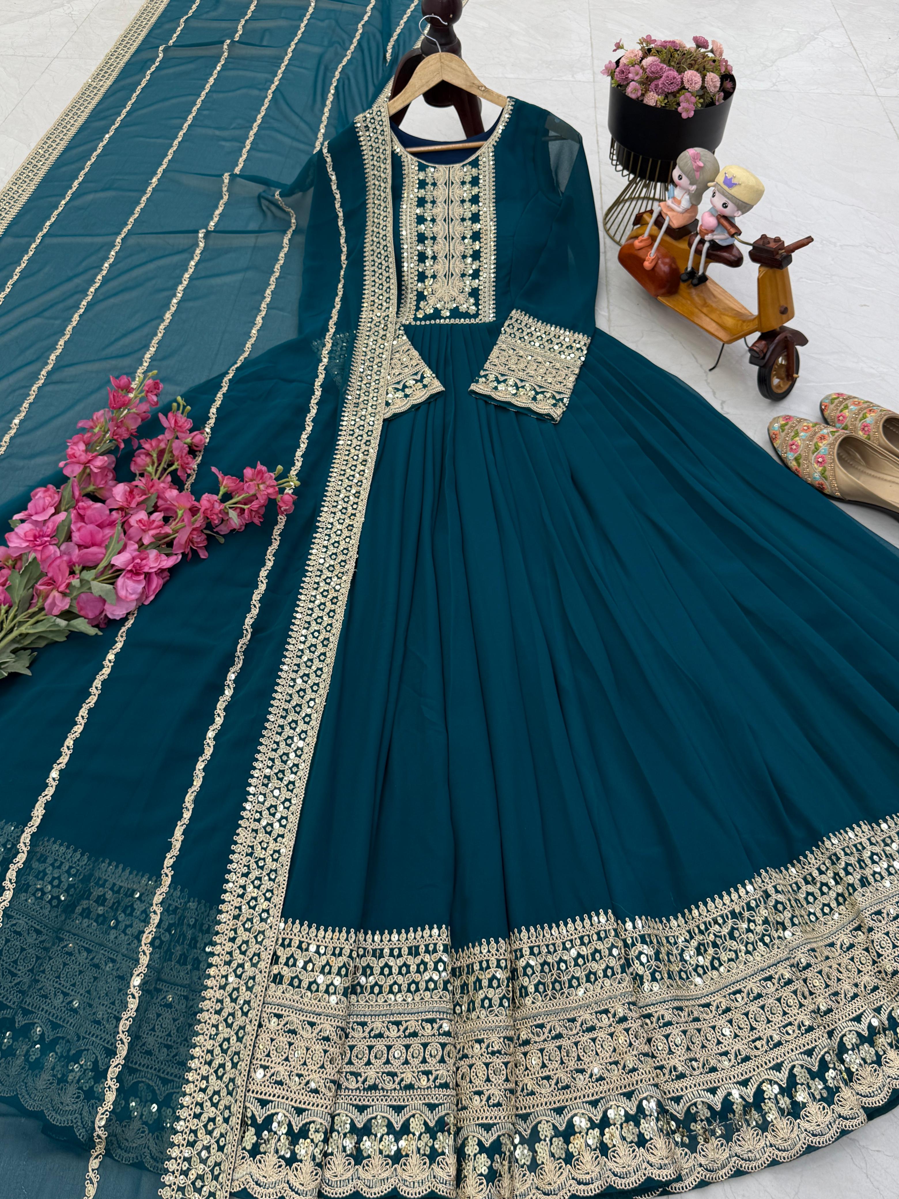 Noorani Siqunce Embroidered Fox Georgette Gown Set
