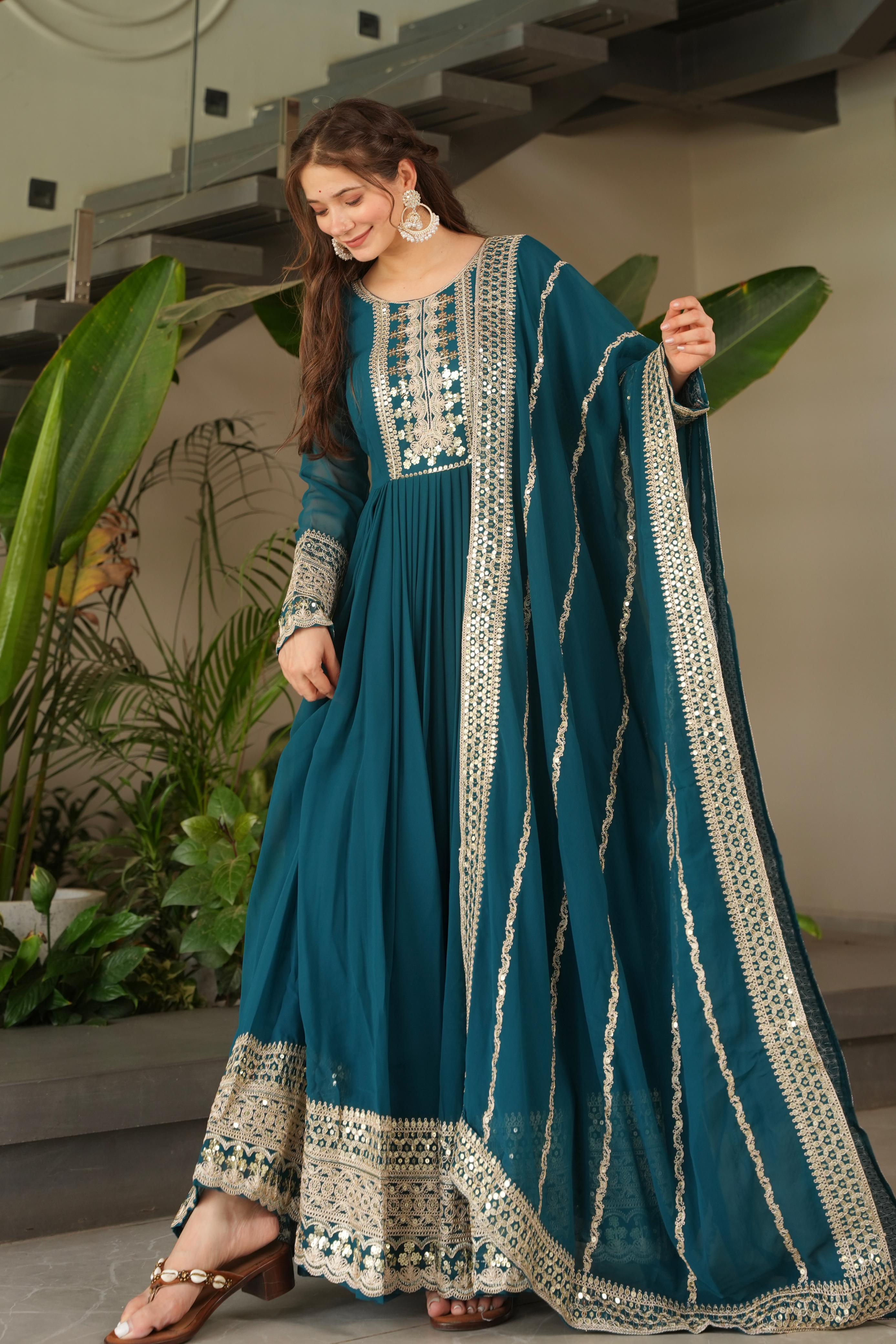 Noorani Siqunce Embroidered Fox Georgette Gown Set