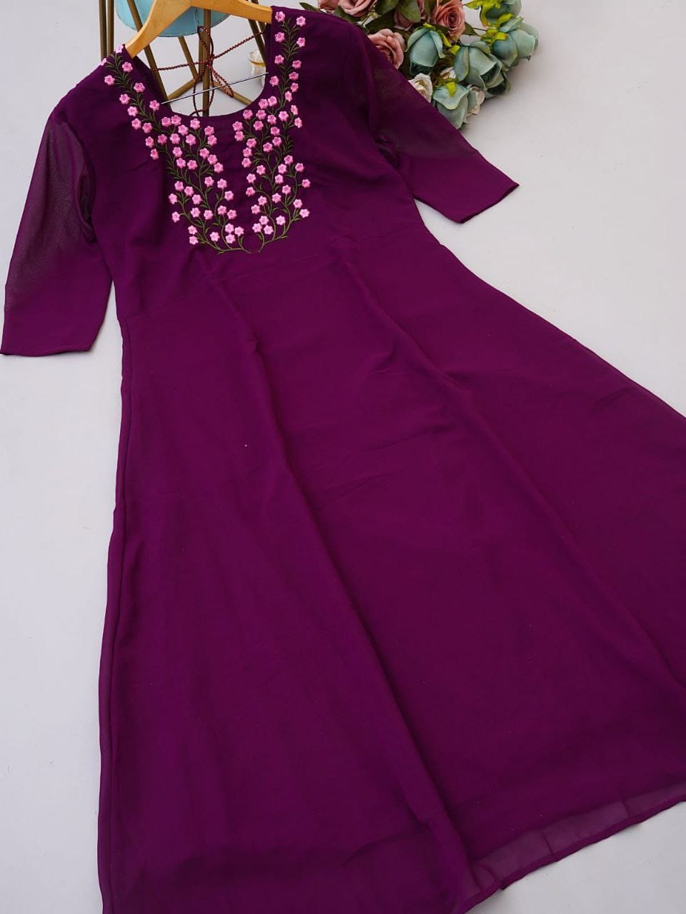 Purple Fox Georgette Embroidered Gown