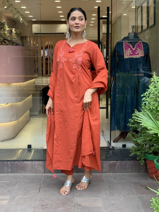 Dark Orange Embroidered A-line Kurti Pant Dupatta Set