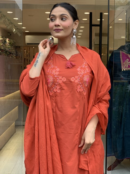 Dark Orange Embroidered A-line Kurti Pant Dupatta Set