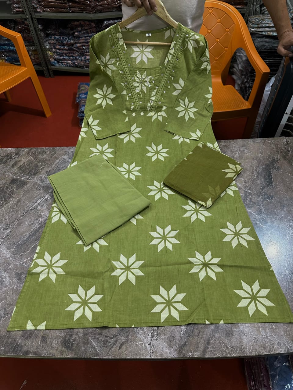 Noorangi Light Mehendi Embroidered Cotton Straight Kurta Pant Dupatta Set